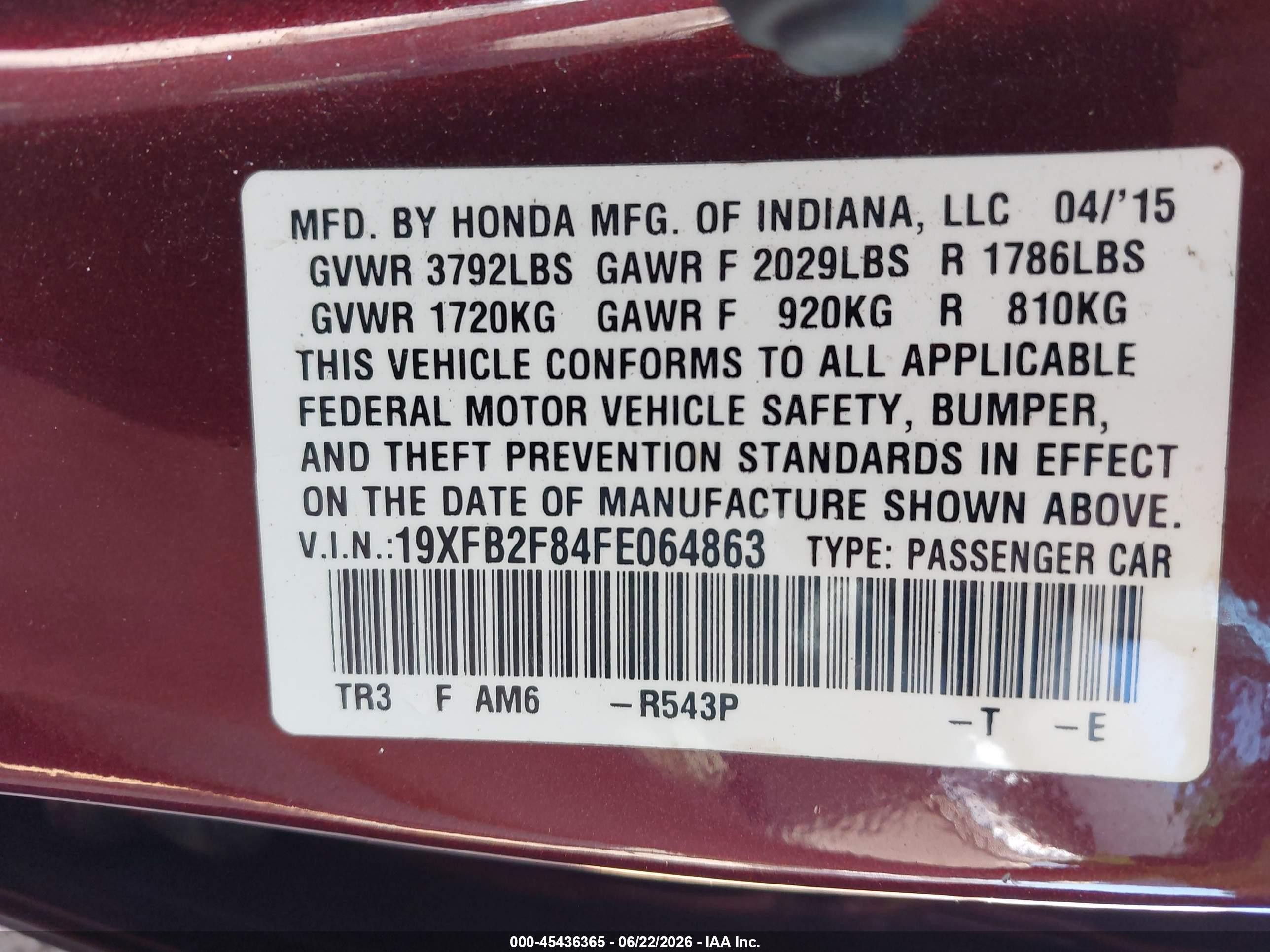 2015 Honda Civic Ex Burgundy vin: 19XFB2F84FE064863