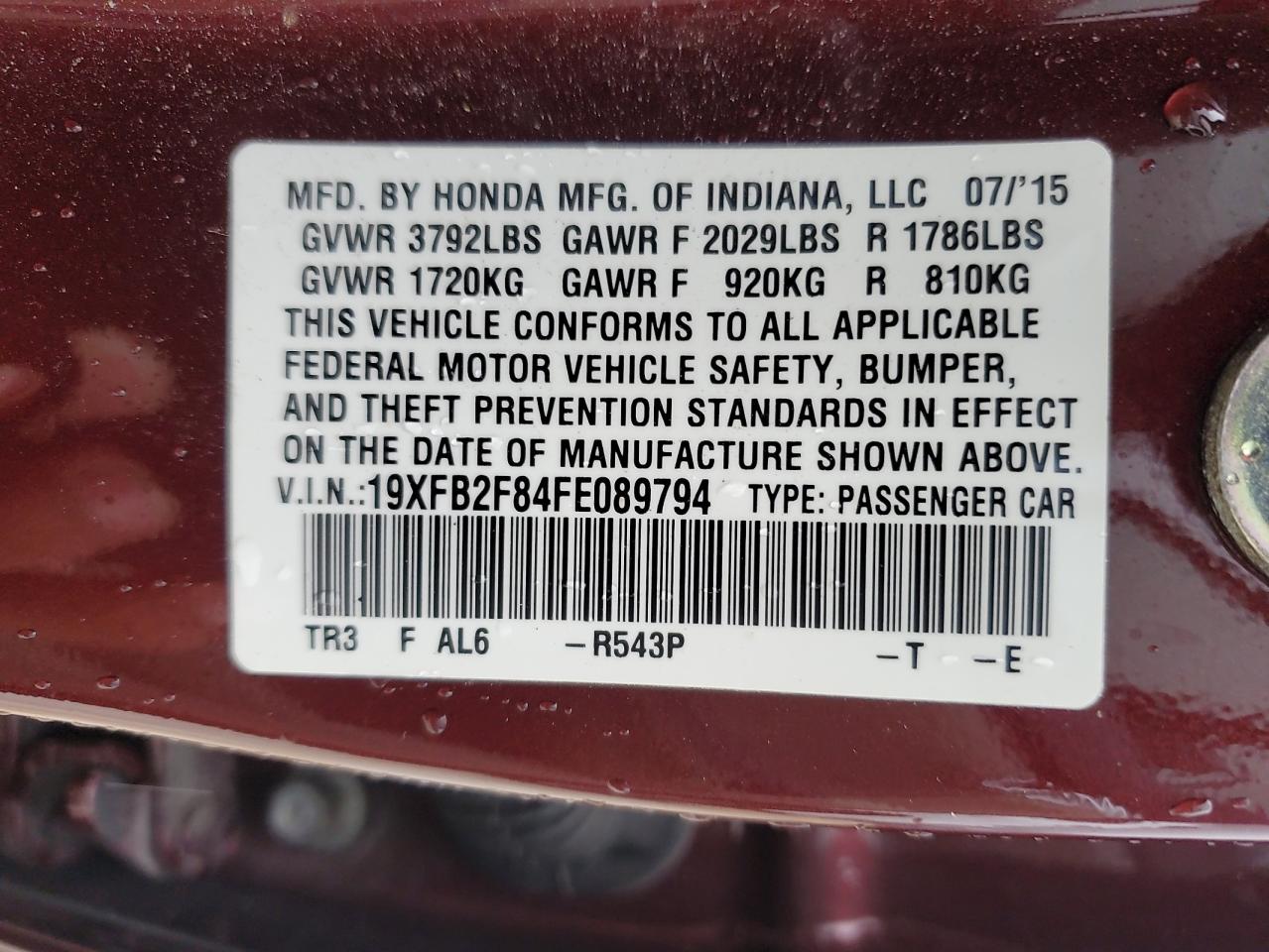 2015 Honda Civic Ex Burgundy vin: 19XFB2F84FE089794
