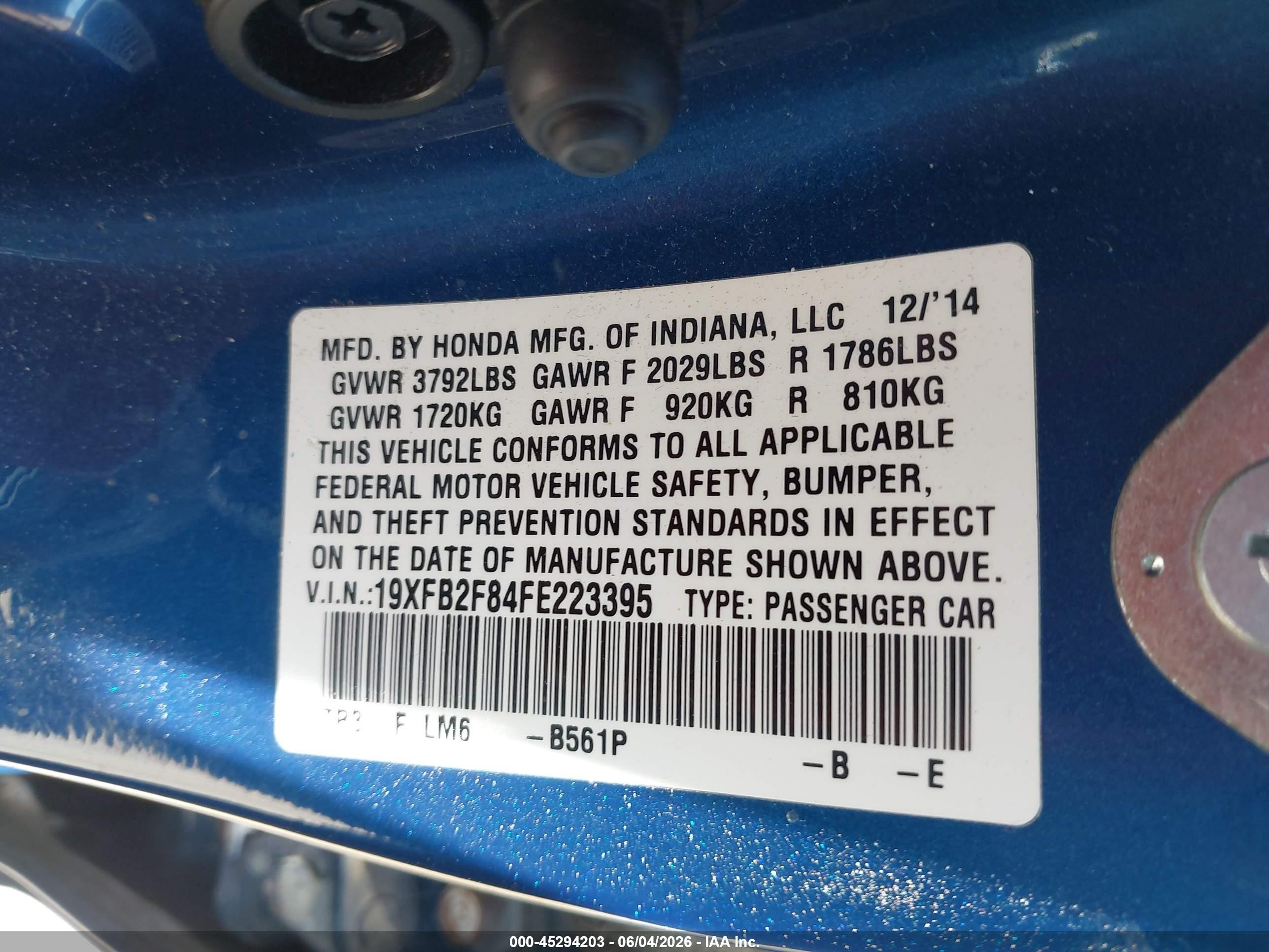 2015 Honda Civic Ex Blue vin: 19XFB2F84FE223395