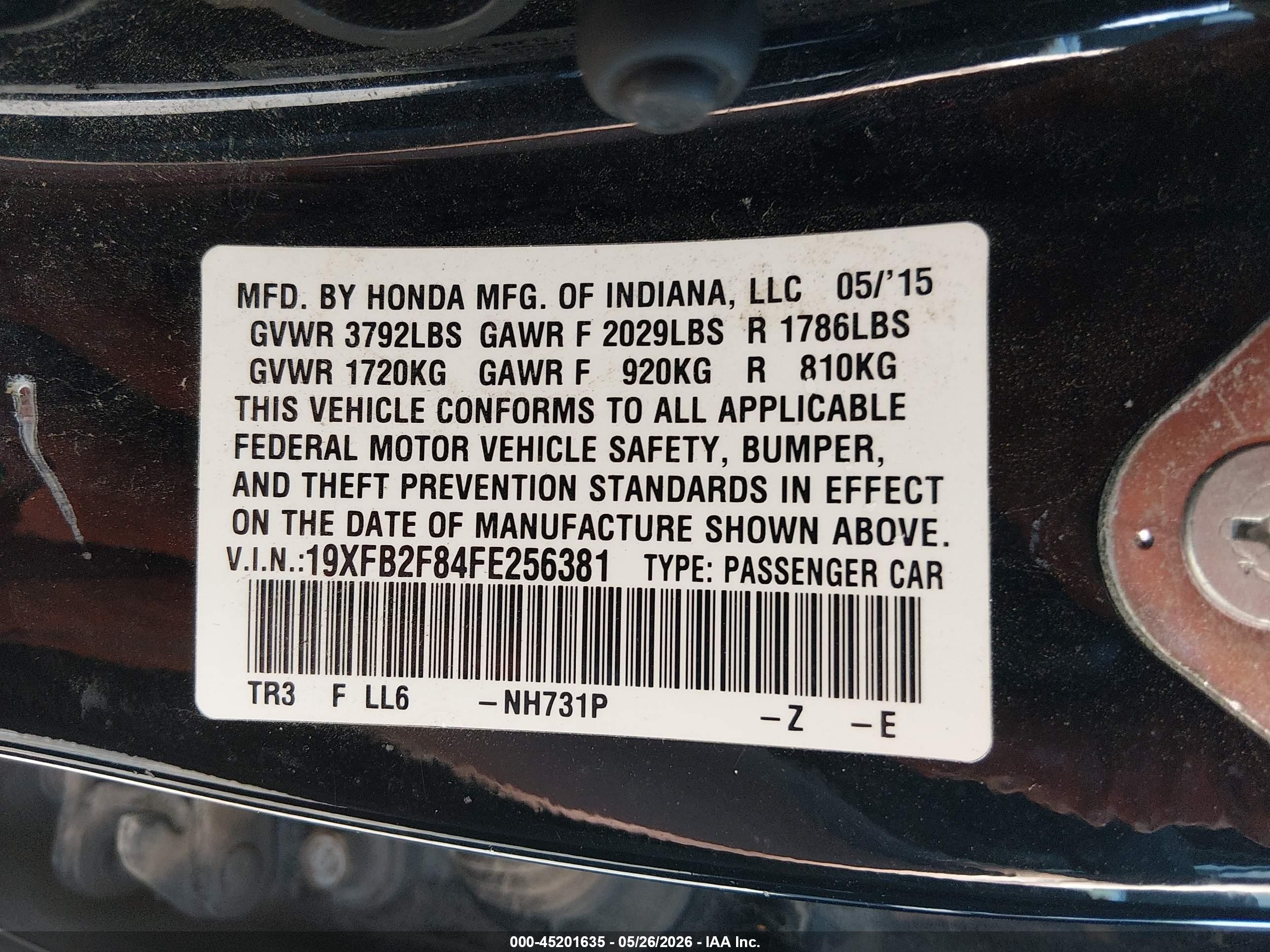 2015 Honda Civic Ex Black vin: 19XFB2F84FE256381