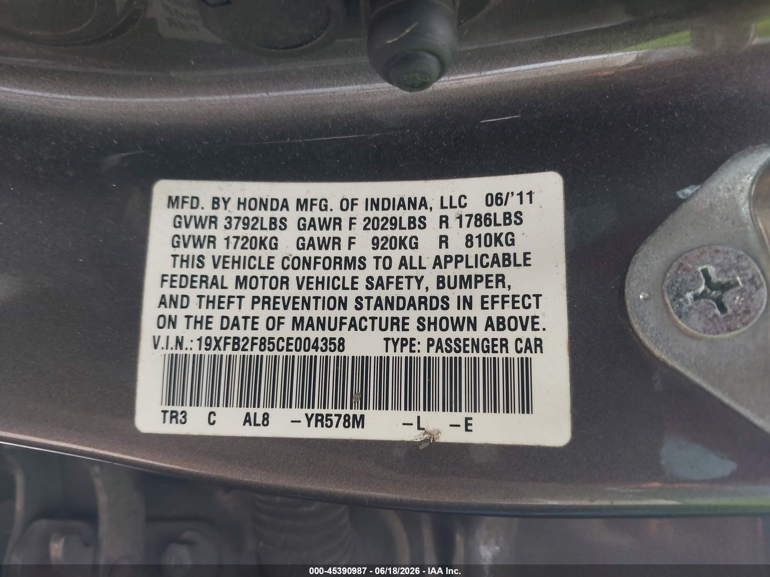 2012 Honda Civic Ex Gray vin: 19XFB2F85CE004358