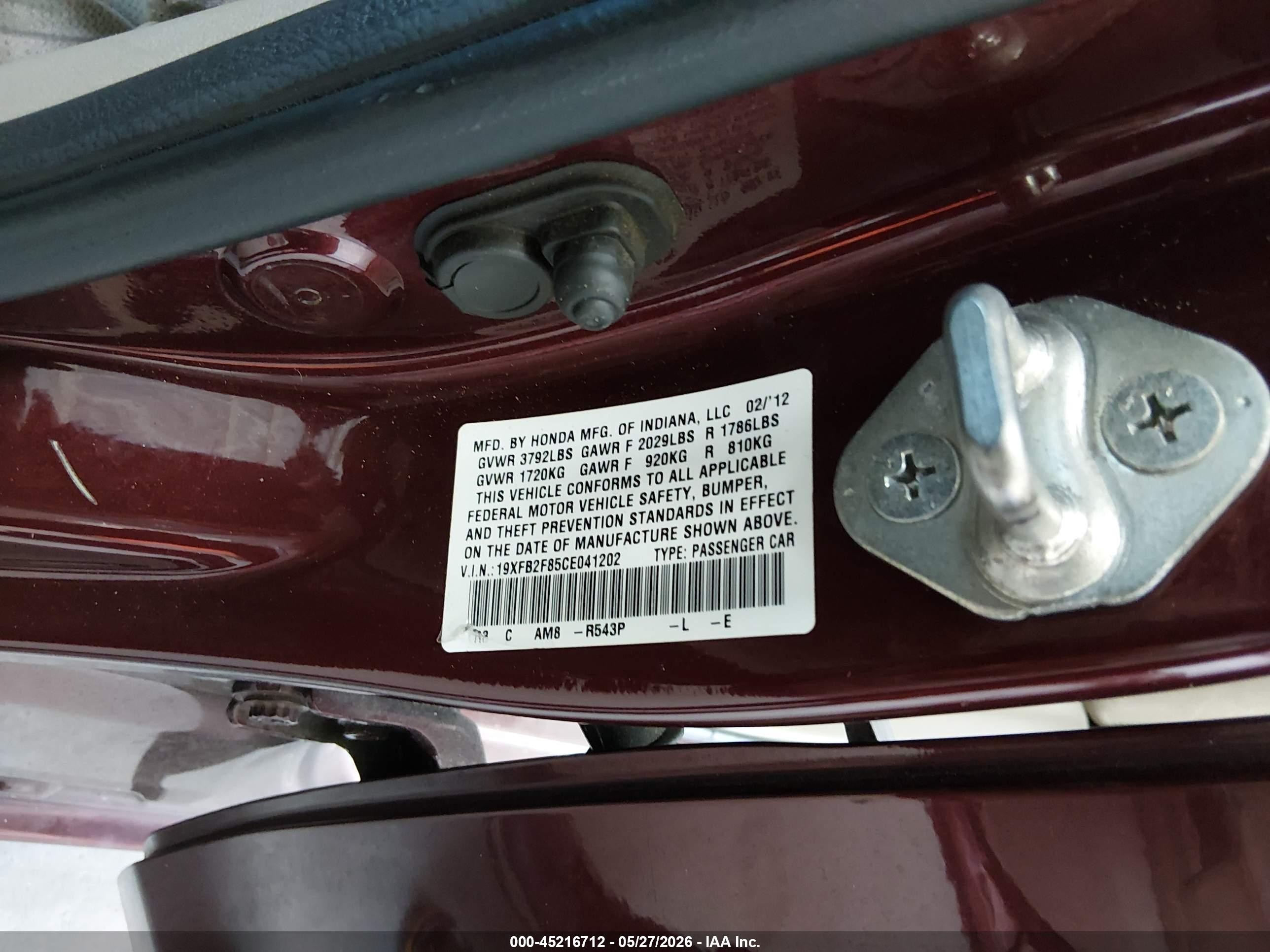 2012 Honda Civic Ex Burgundy vin: 19XFB2F85CE041202