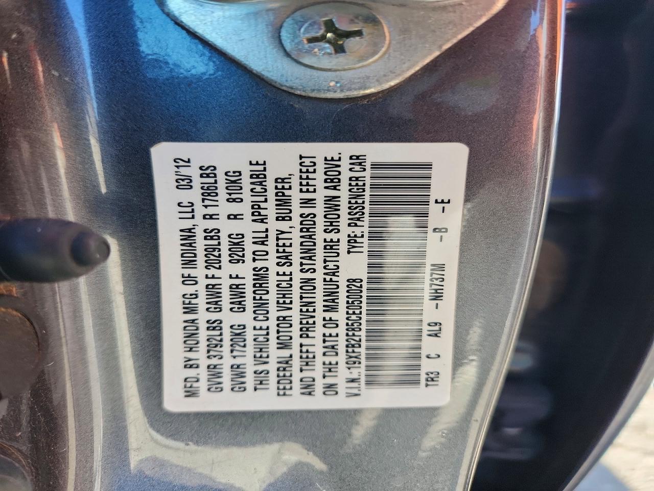 2012 Honda Civic Ex Gray vin: 19XFB2F85CE050028