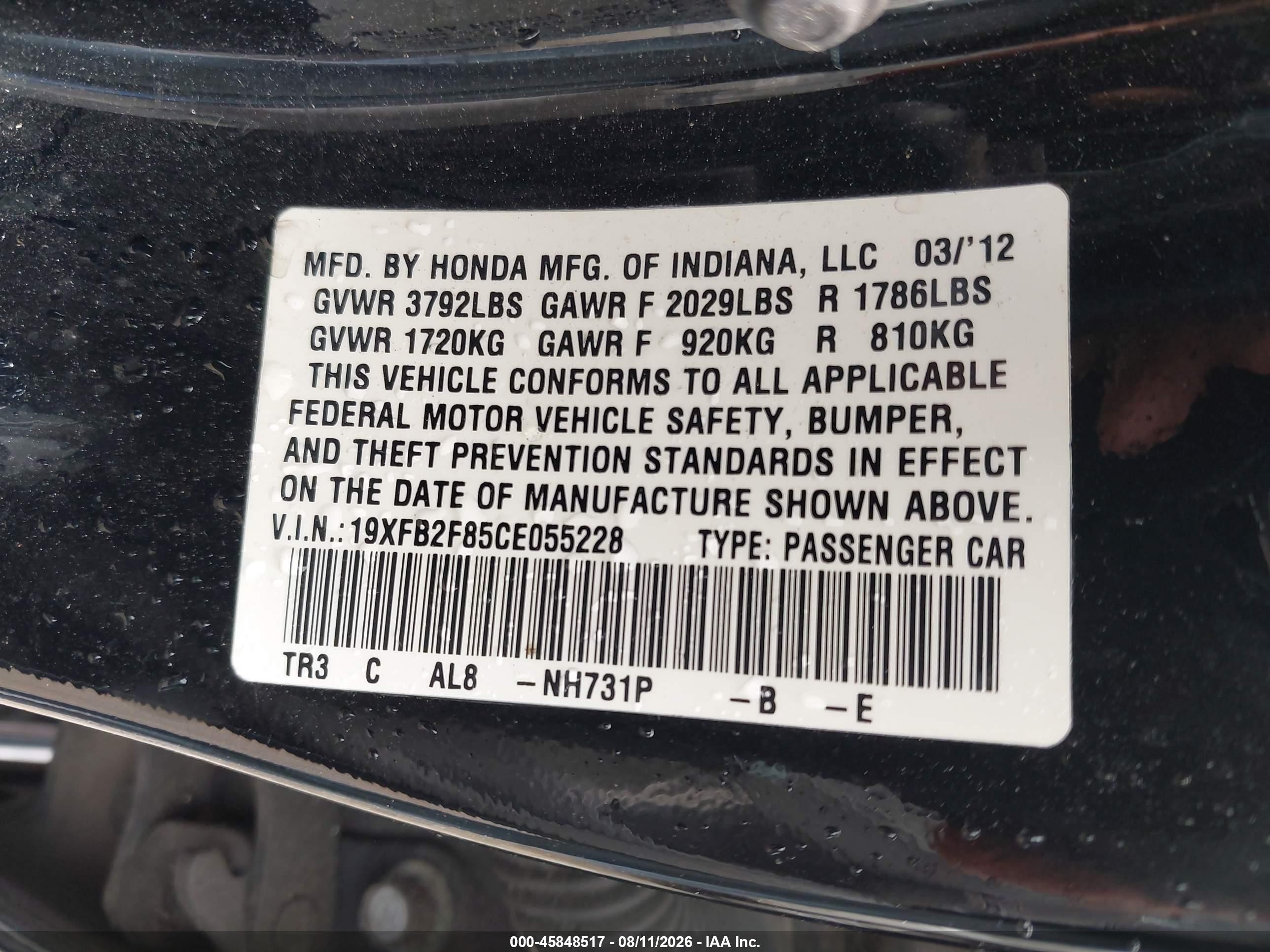 2012 Honda Civic Ex Black vin: 19XFB2F85CE055228