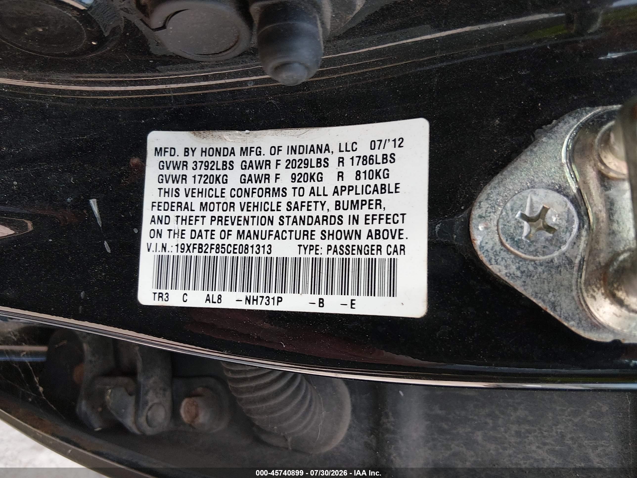 2012 Honda Civic Ex Black vin: 19XFB2F85CE081313