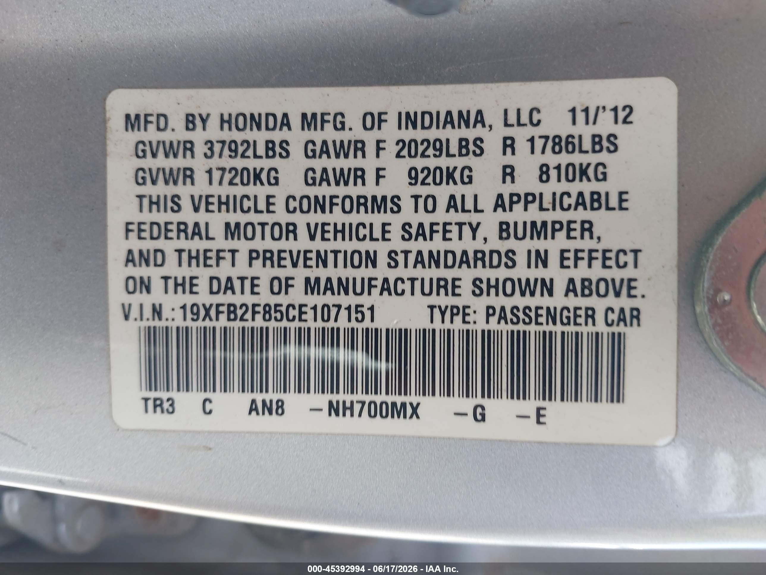 2012 Honda Civic Ex Silver vin: 19XFB2F85CE107151