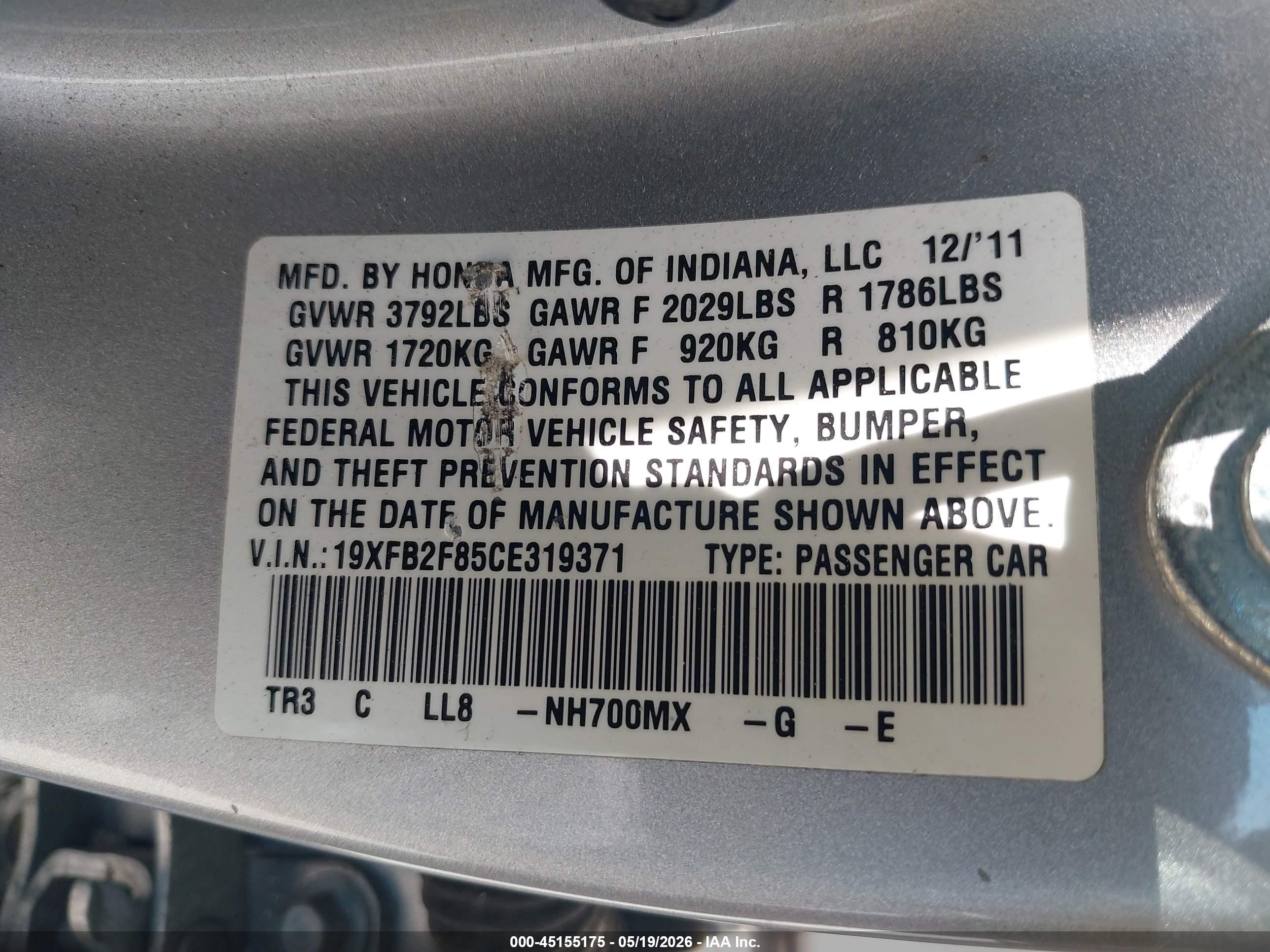 2012 Honda Civic Ex Silver vin: 19XFB2F85CE319371