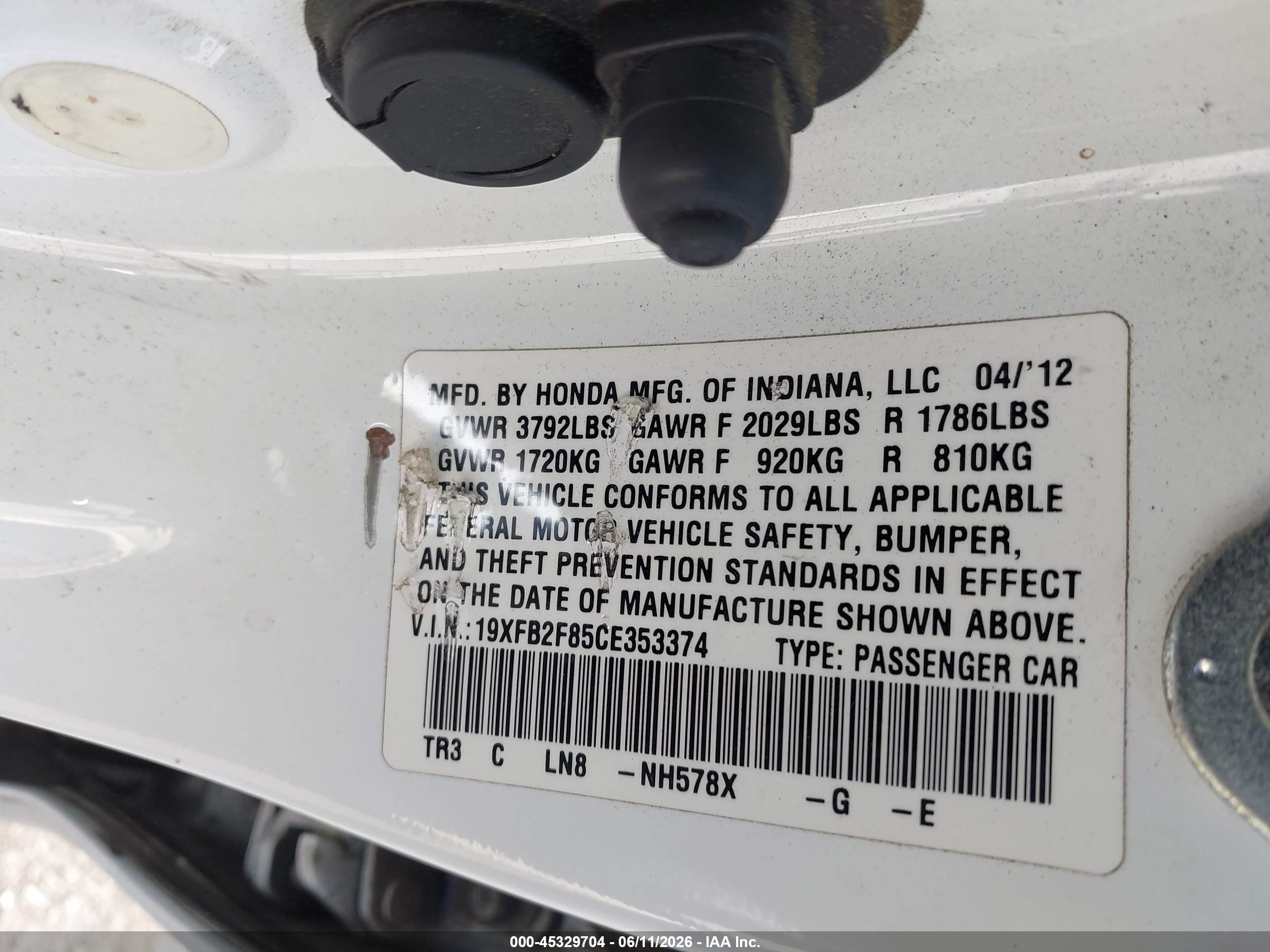 2012 Honda Civic Ex White vin: 19XFB2F85CE353374