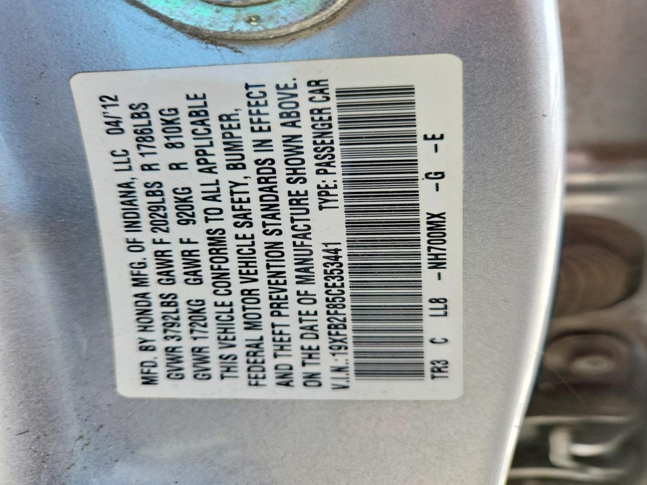 2012 Honda Civic Ex Silver vin: 19XFB2F85CE353441