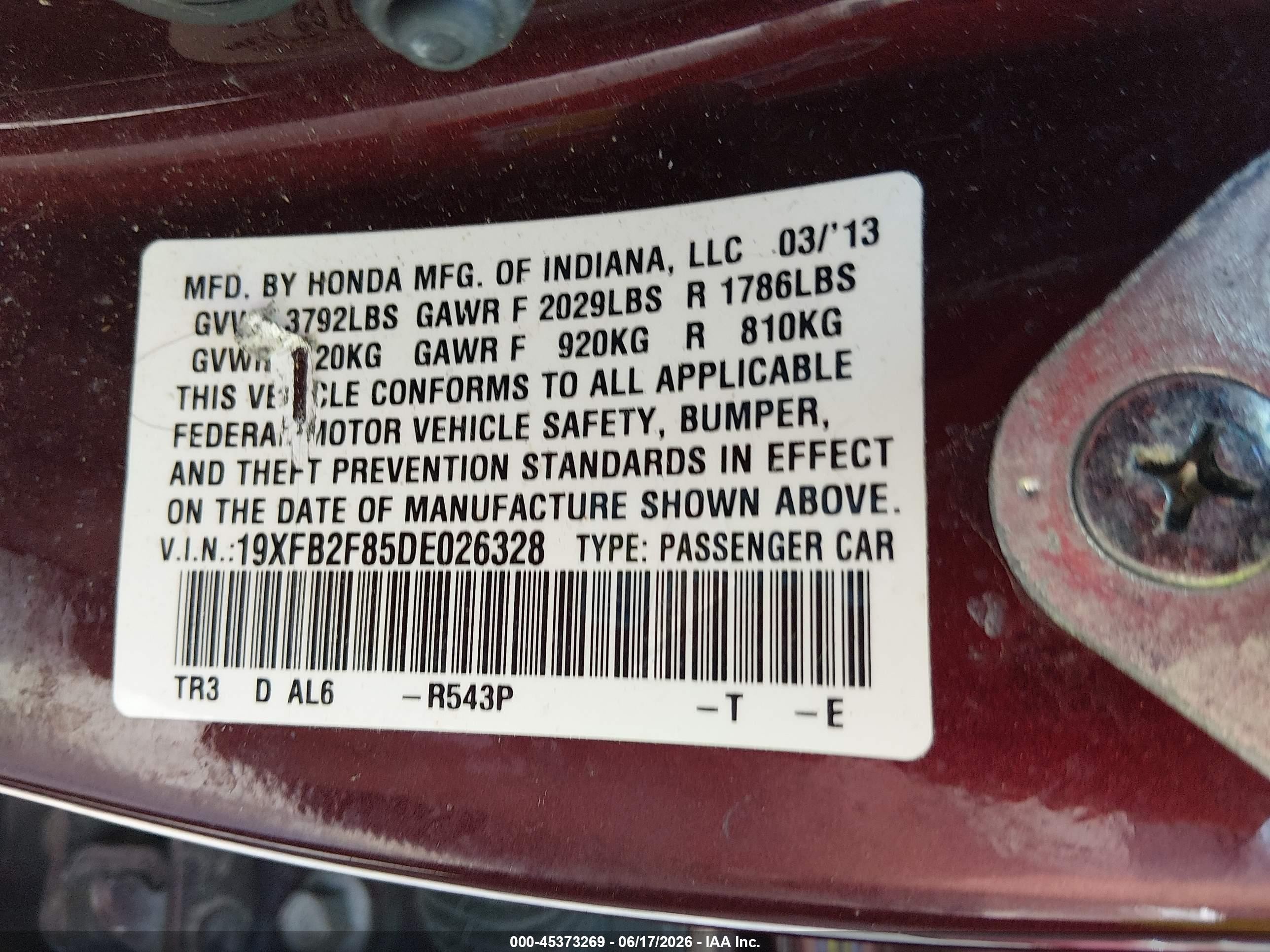 2013 Honda Civic Ex Maroon vin: 19XFB2F85DE026328