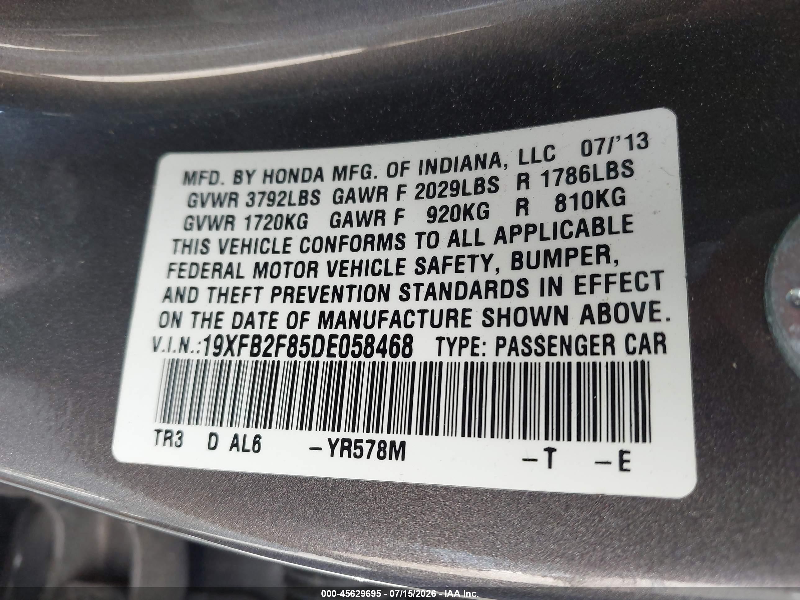 2013 Honda Civic Ex Gray vin: 19XFB2F85DE058468