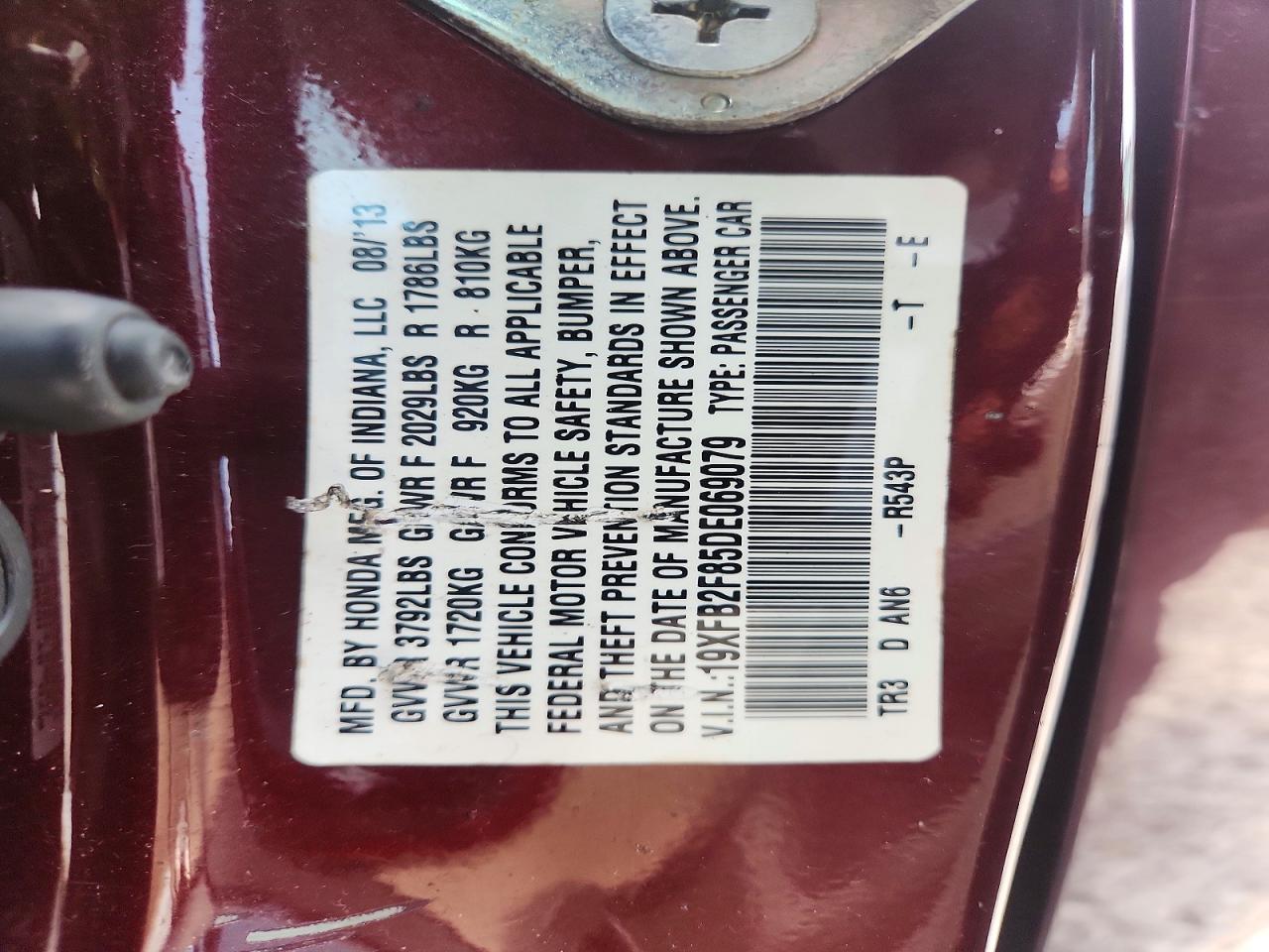 2013 Honda Civic Ex Burgundy vin: 19XFB2F85DE069079