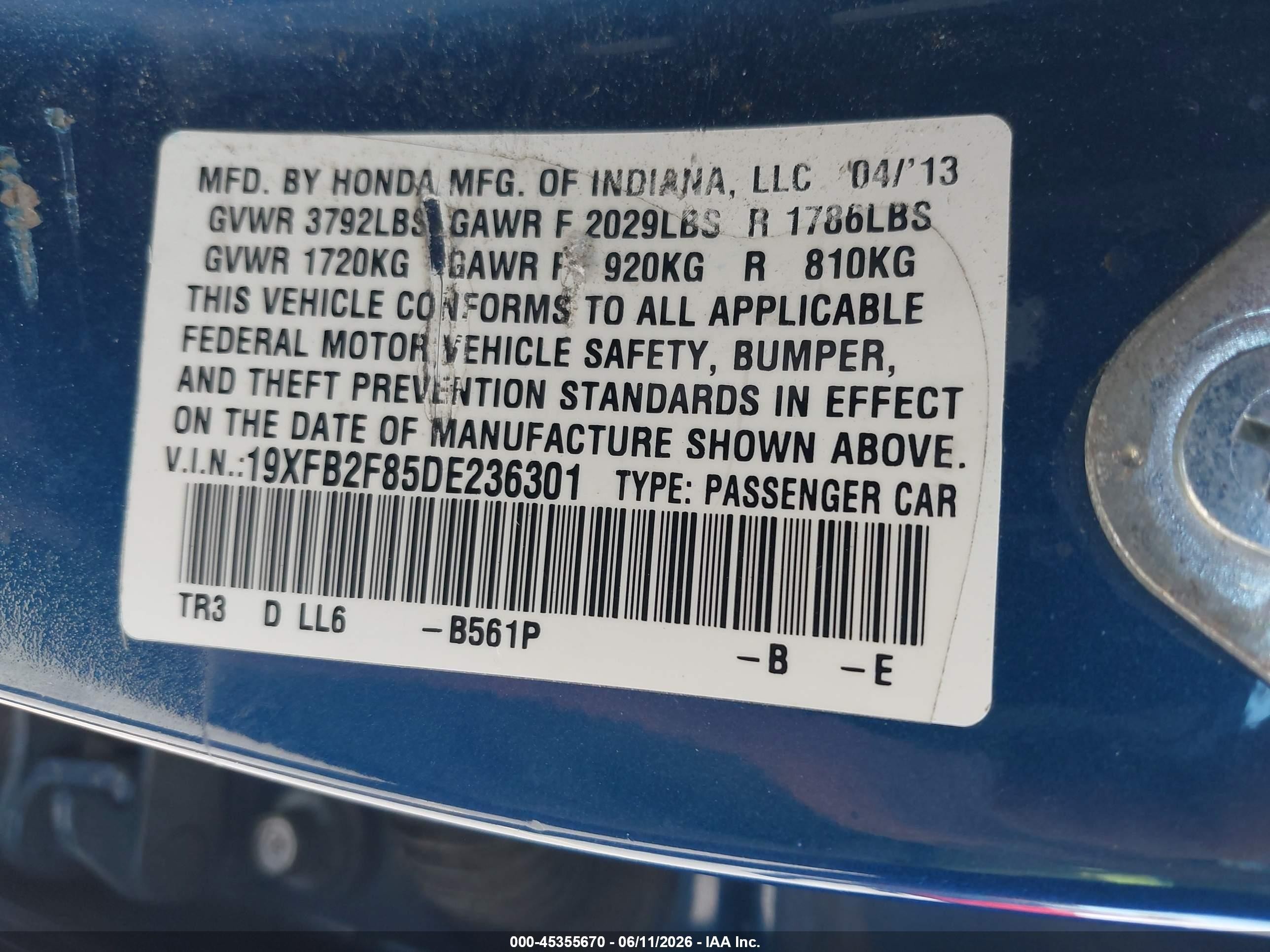 2013 Honda Civic Ex Blue vin: 19XFB2F85DE236301