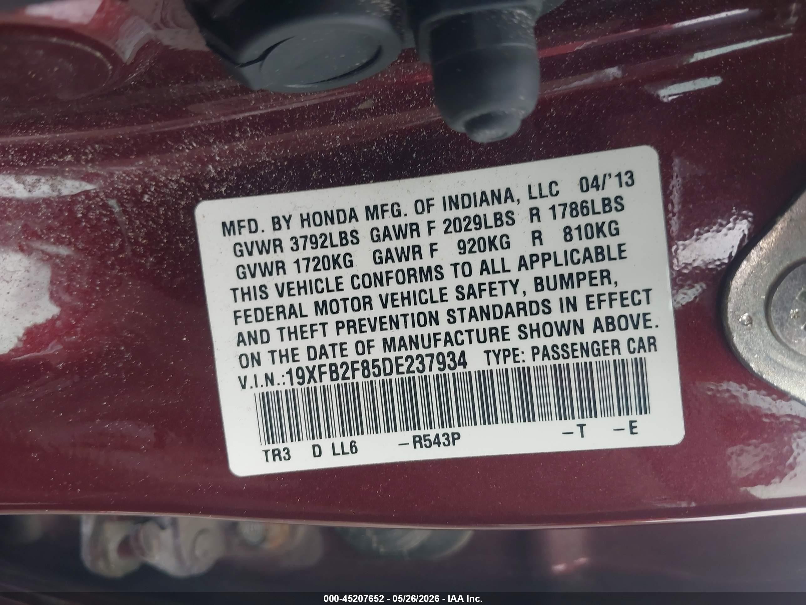 2013 Honda Civic Ex Red vin: 19XFB2F85DE237934