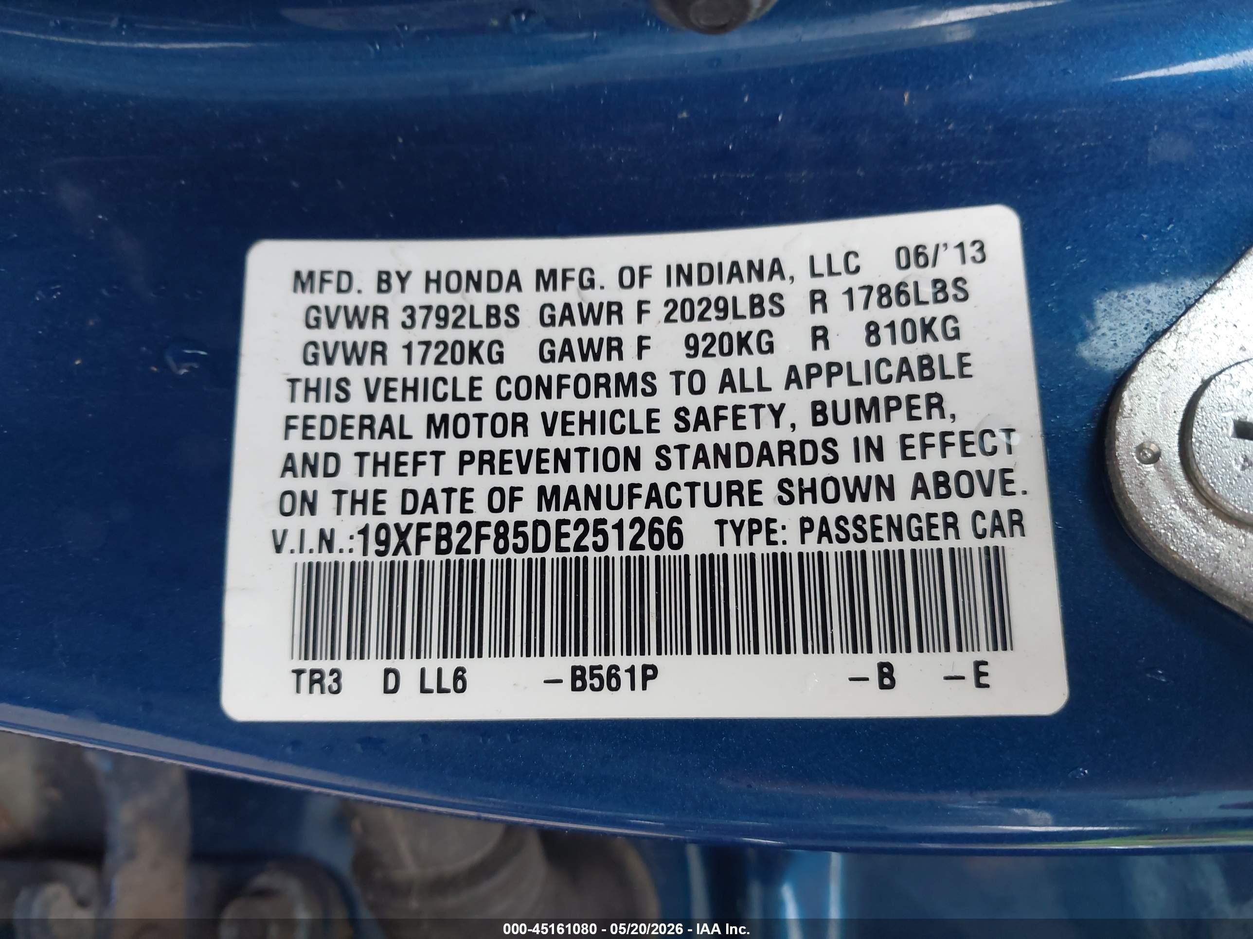 2013 Honda Civic Ex Blue vin: 19XFB2F85DE251266