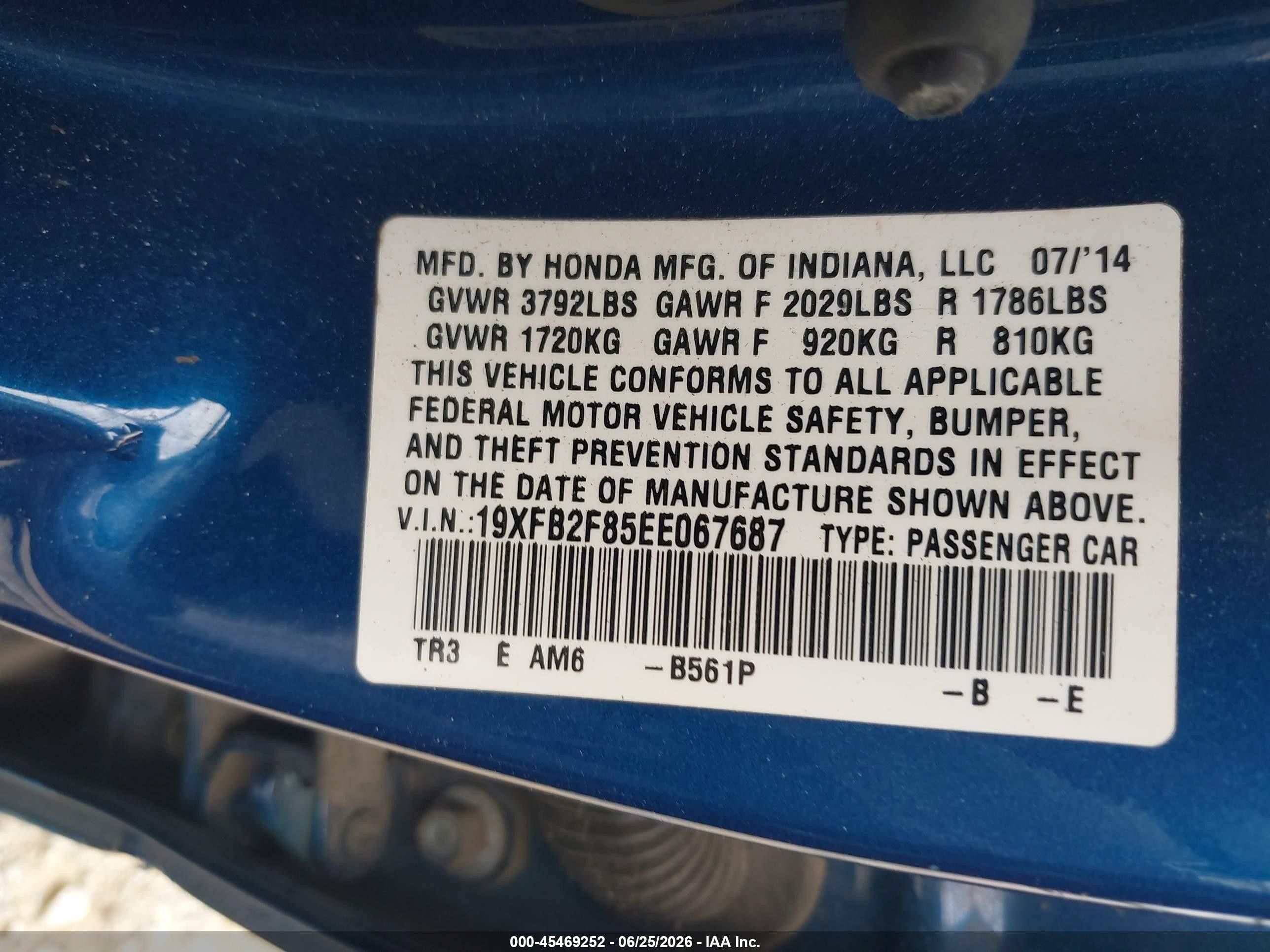 2014 Honda Civic Ex Blue vin: 19XFB2F85EE067687