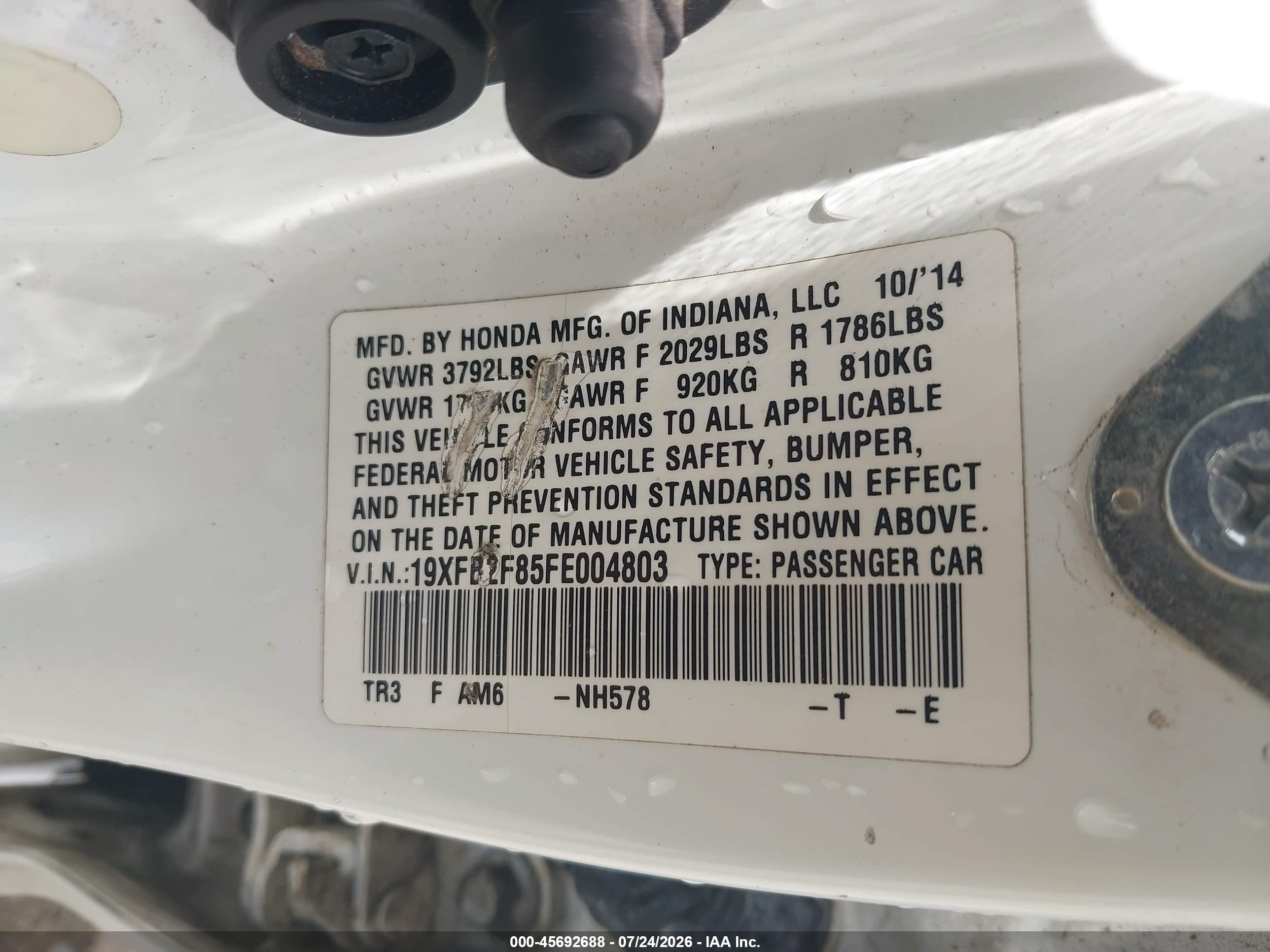 2015 Honda Civic Ex White vin: 19XFB2F85FE004803
