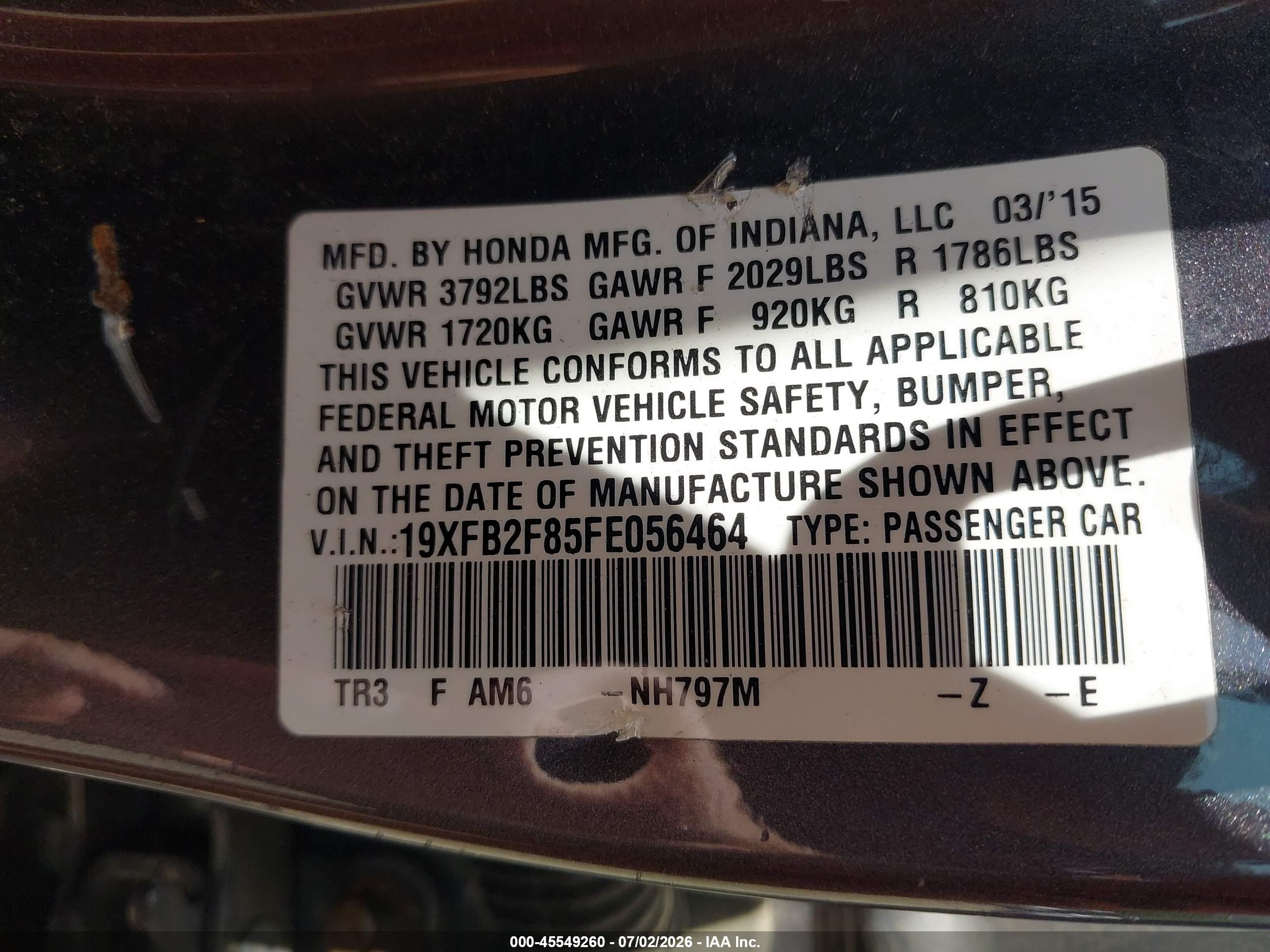 2015 Honda Civic Ex Gray vin: 19XFB2F85FE056464