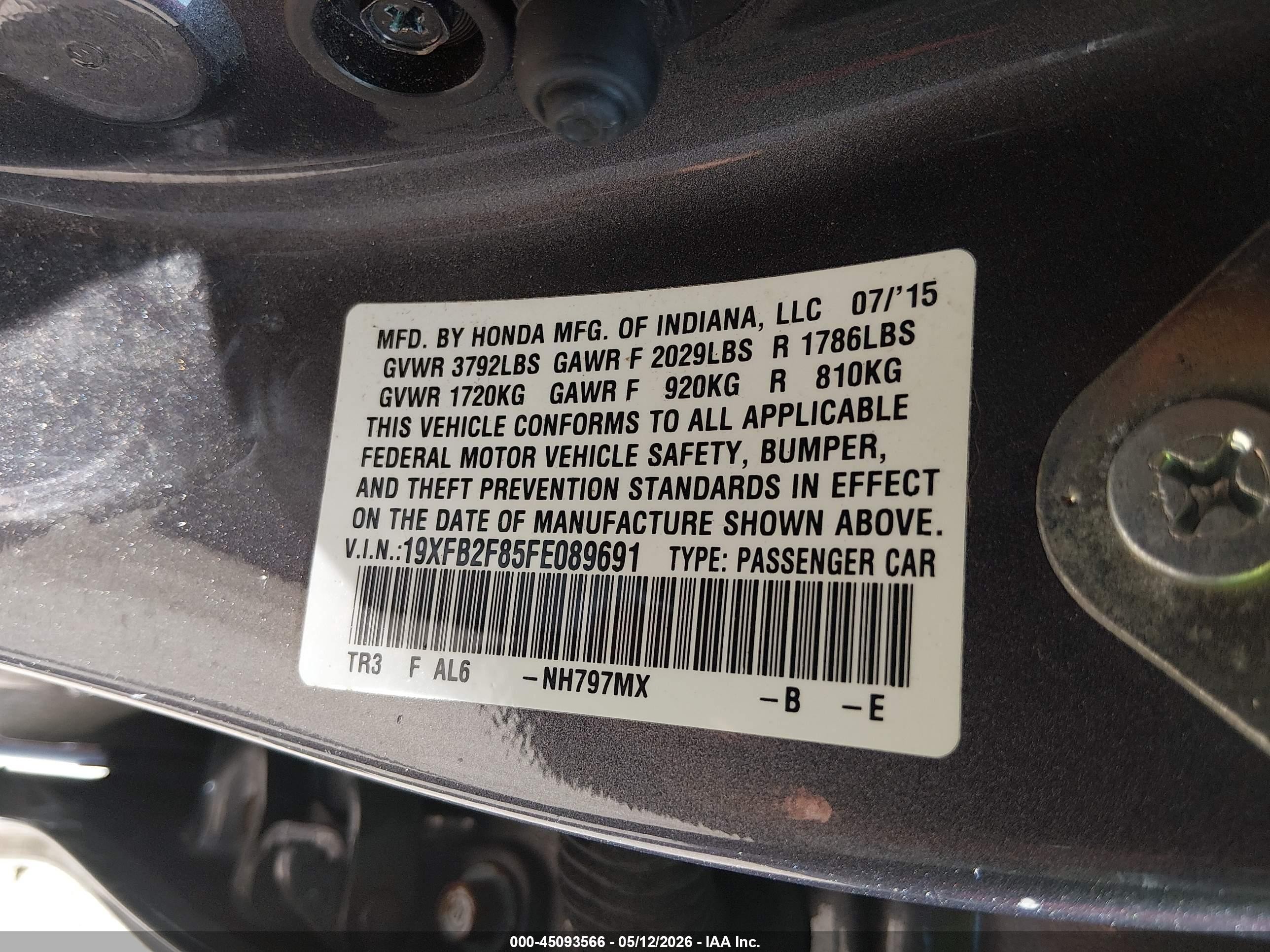 2015 Honda Civic Ex Gray vin: 19XFB2F85FE089691