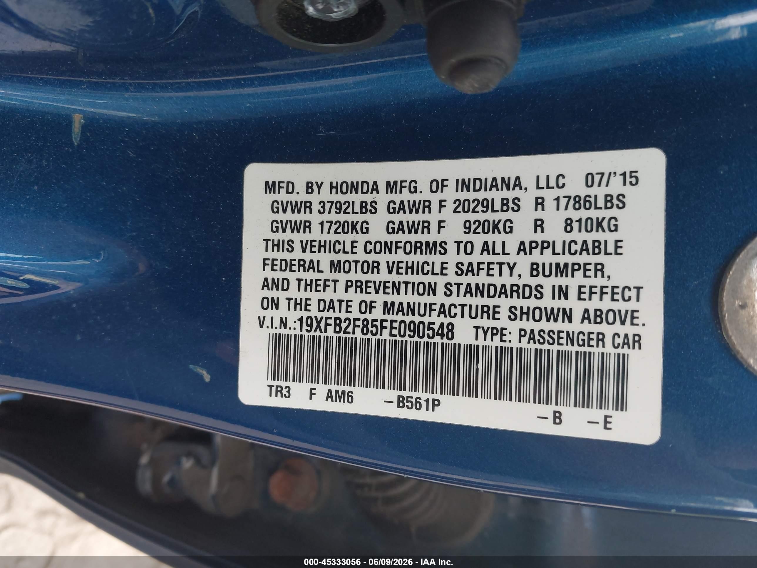 2015 Honda Civic Ex Blue vin: 19XFB2F85FE090548
