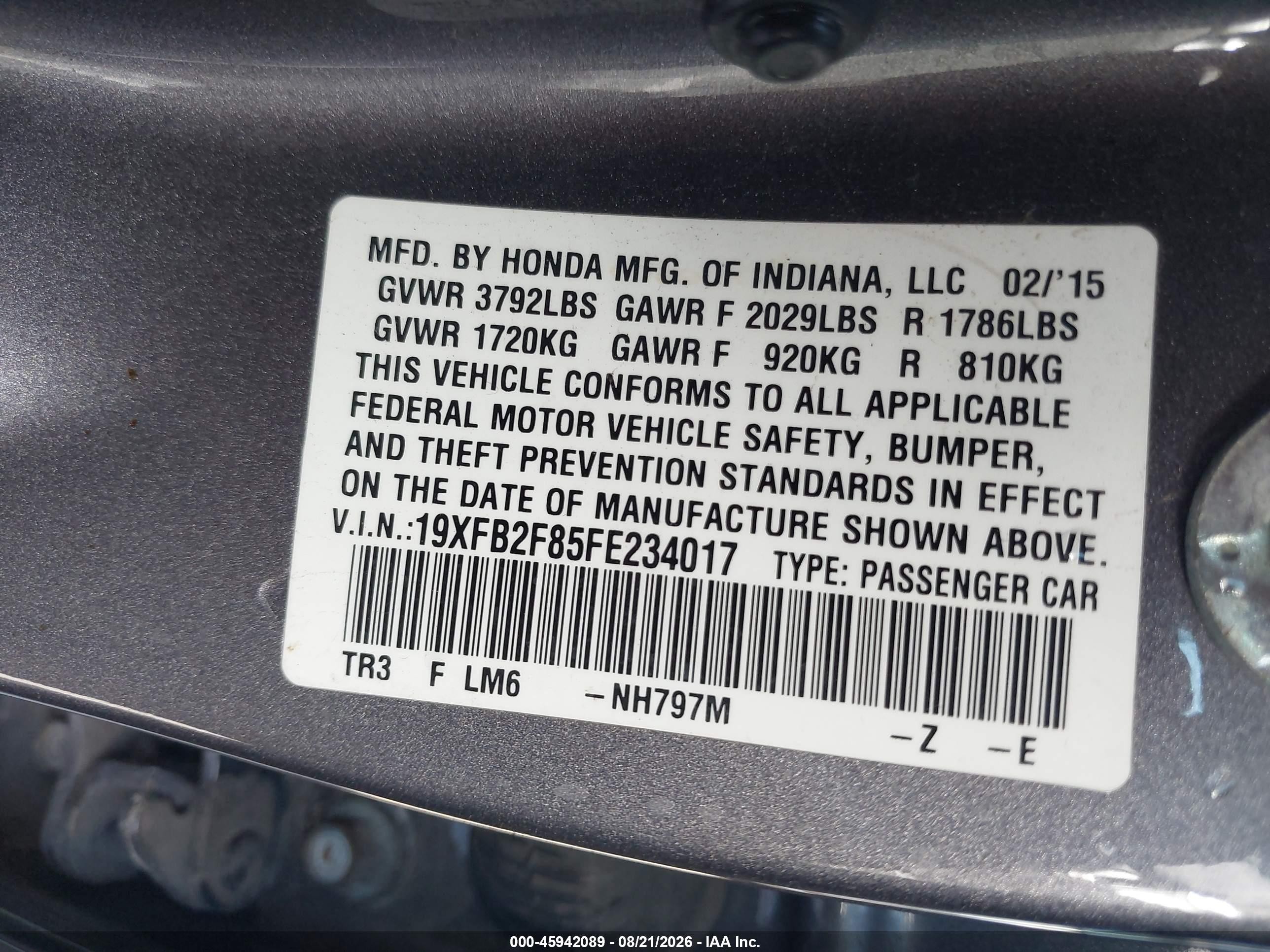 2015 Honda Civic Ex Gray vin: 19XFB2F85FE234017
