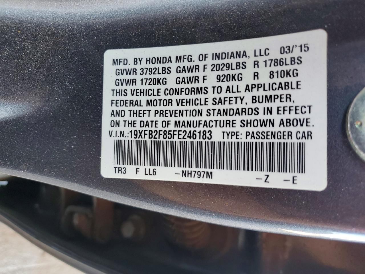 2015 Honda Civic Ex Gray vin: 19XFB2F85FE246183