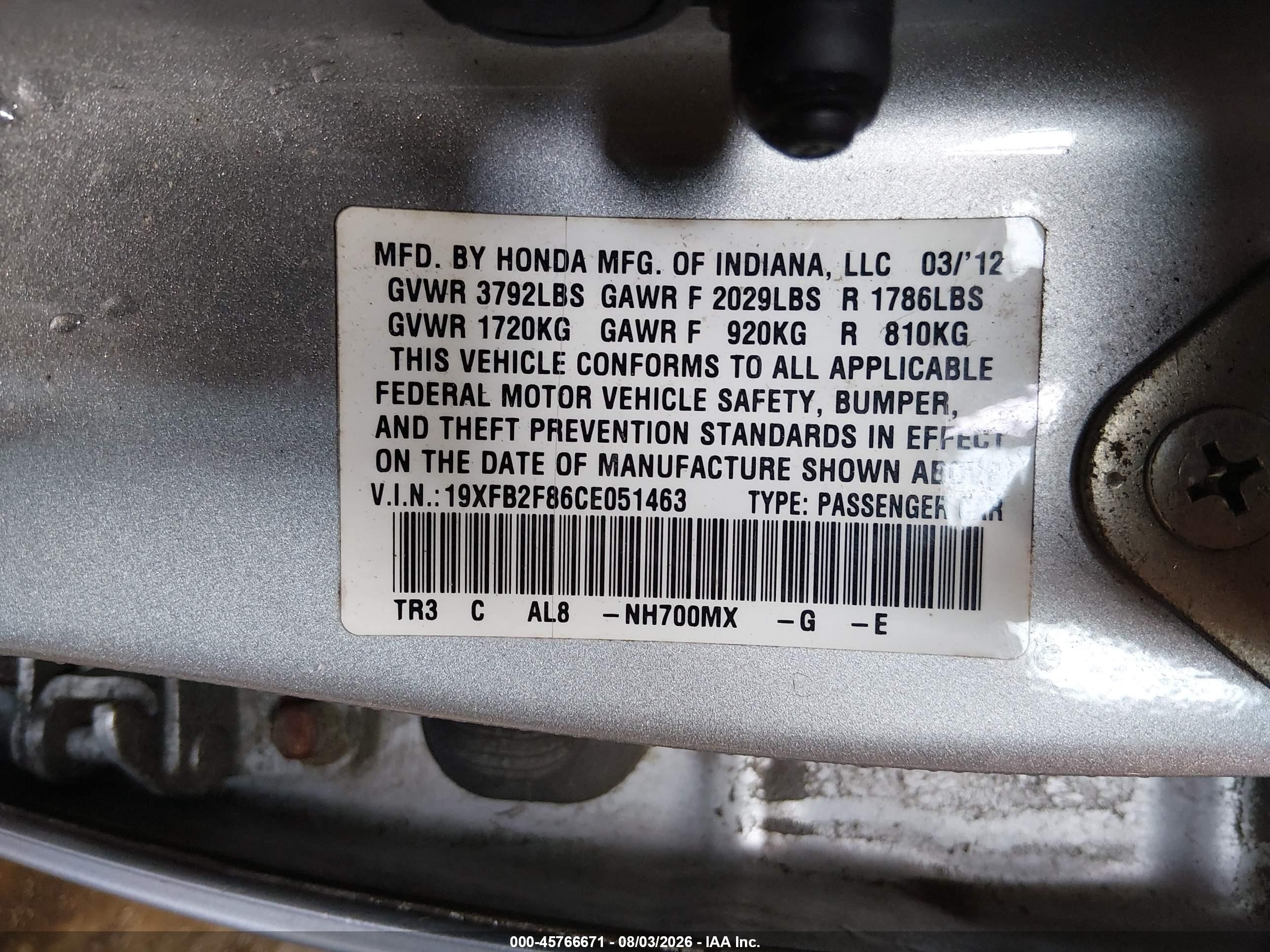 2012 Honda Civic Ex Silver vin: 19XFB2F86CE051463