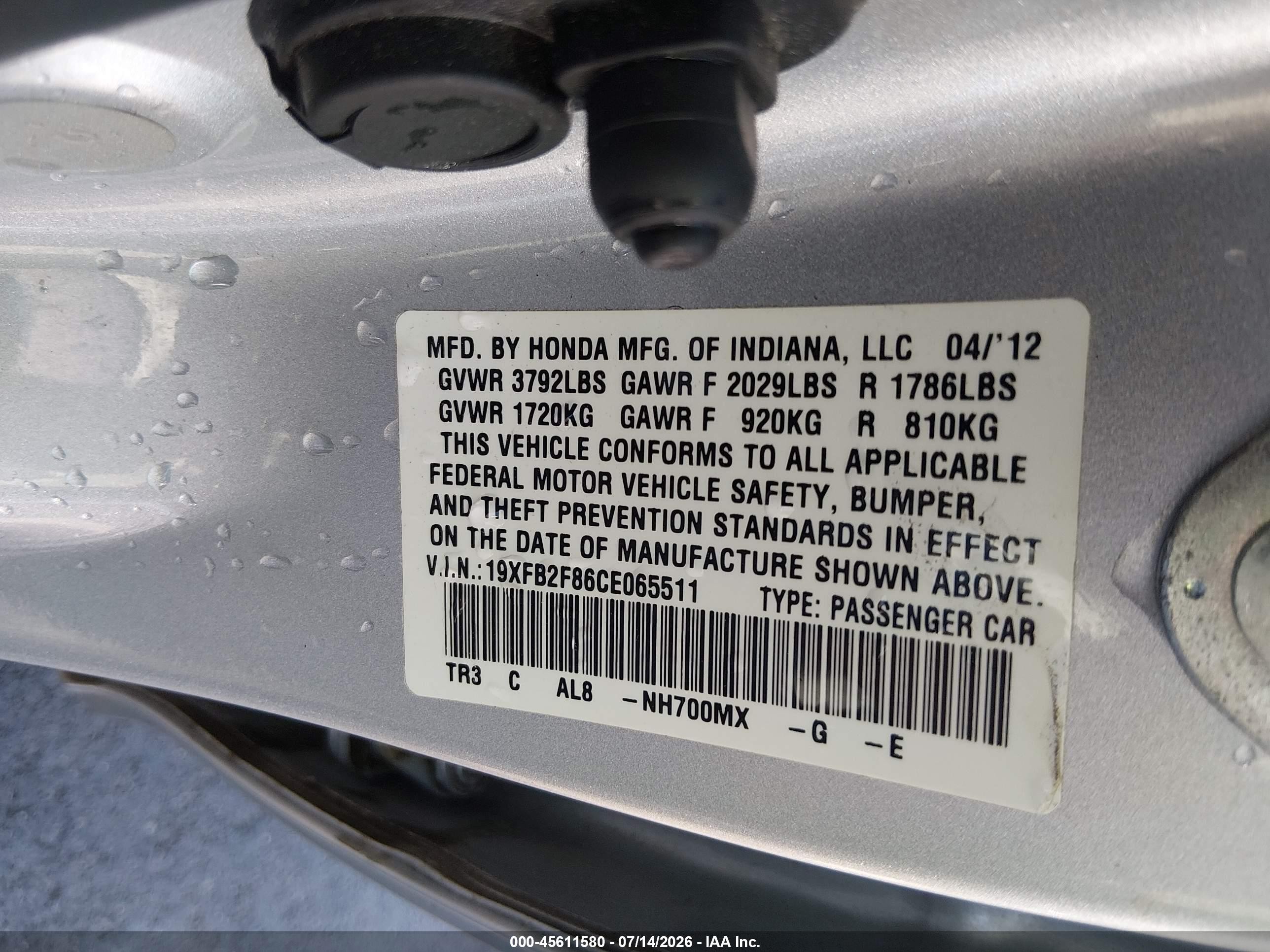 2012 Honda Civic Ex Silver vin: 19XFB2F86CE065511