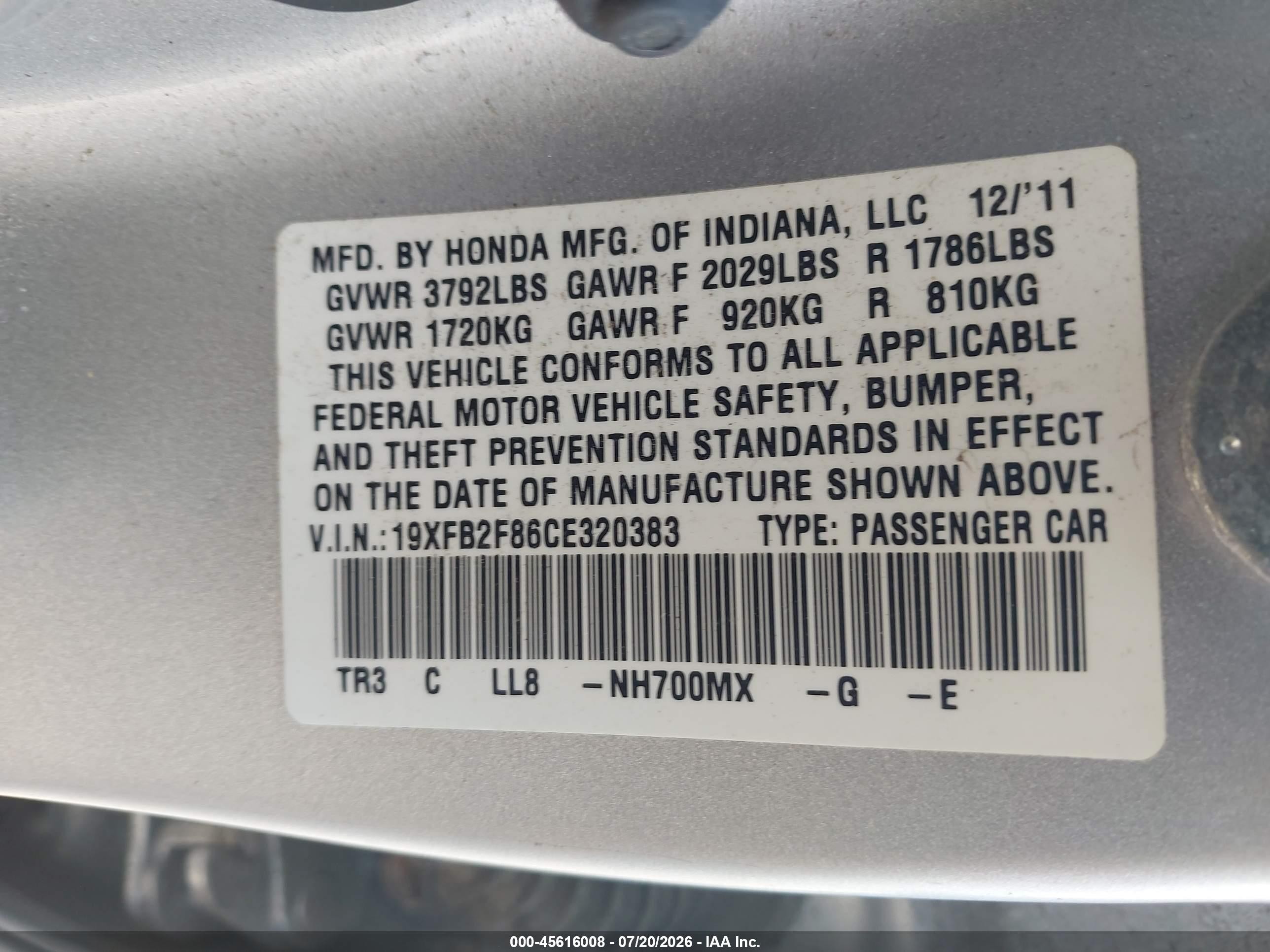 2012 Honda Civic Ex Silver vin: 19XFB2F86CE320383