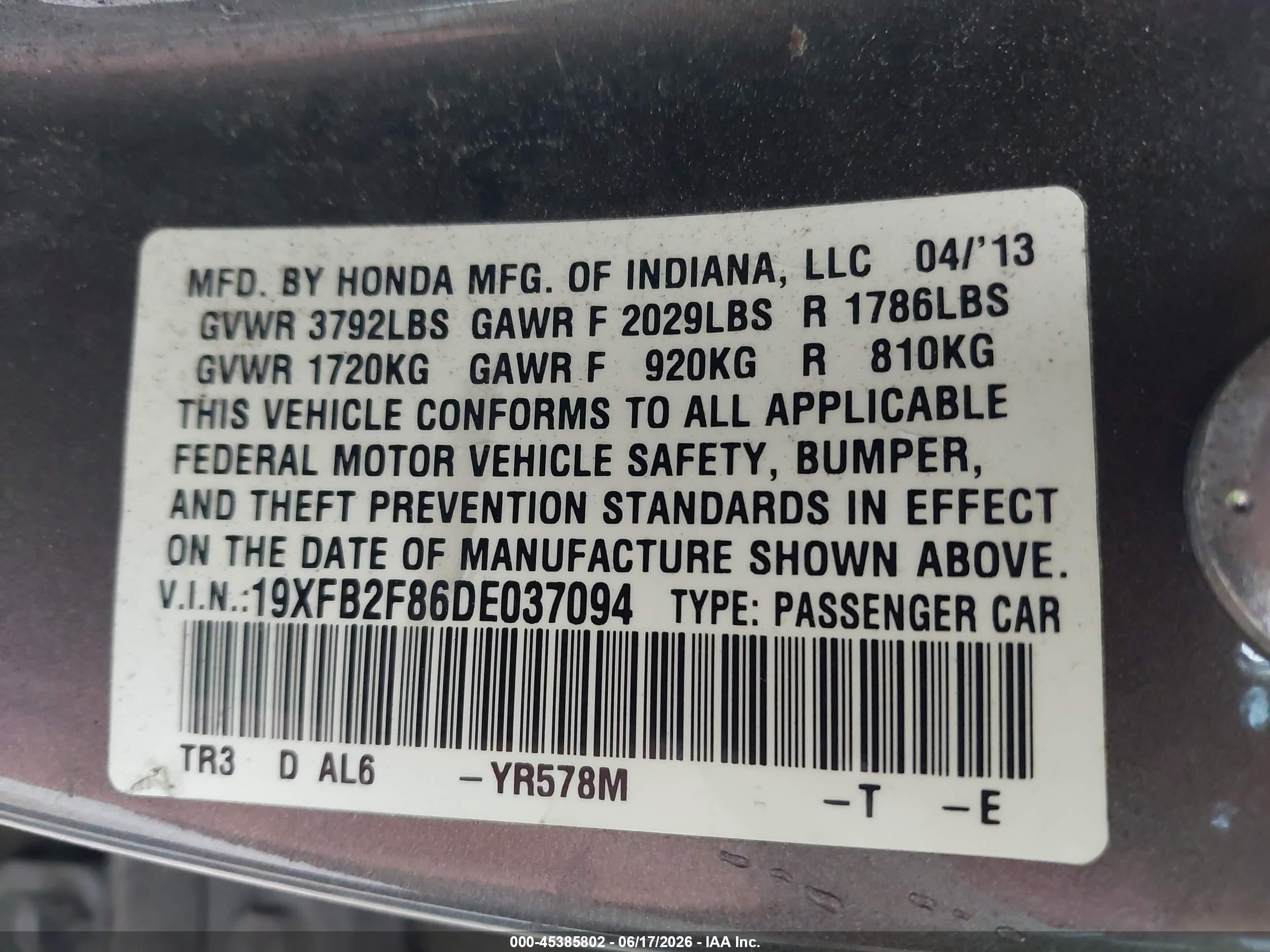 2013 Honda Civic Ex Gray vin: 19XFB2F86DE037094