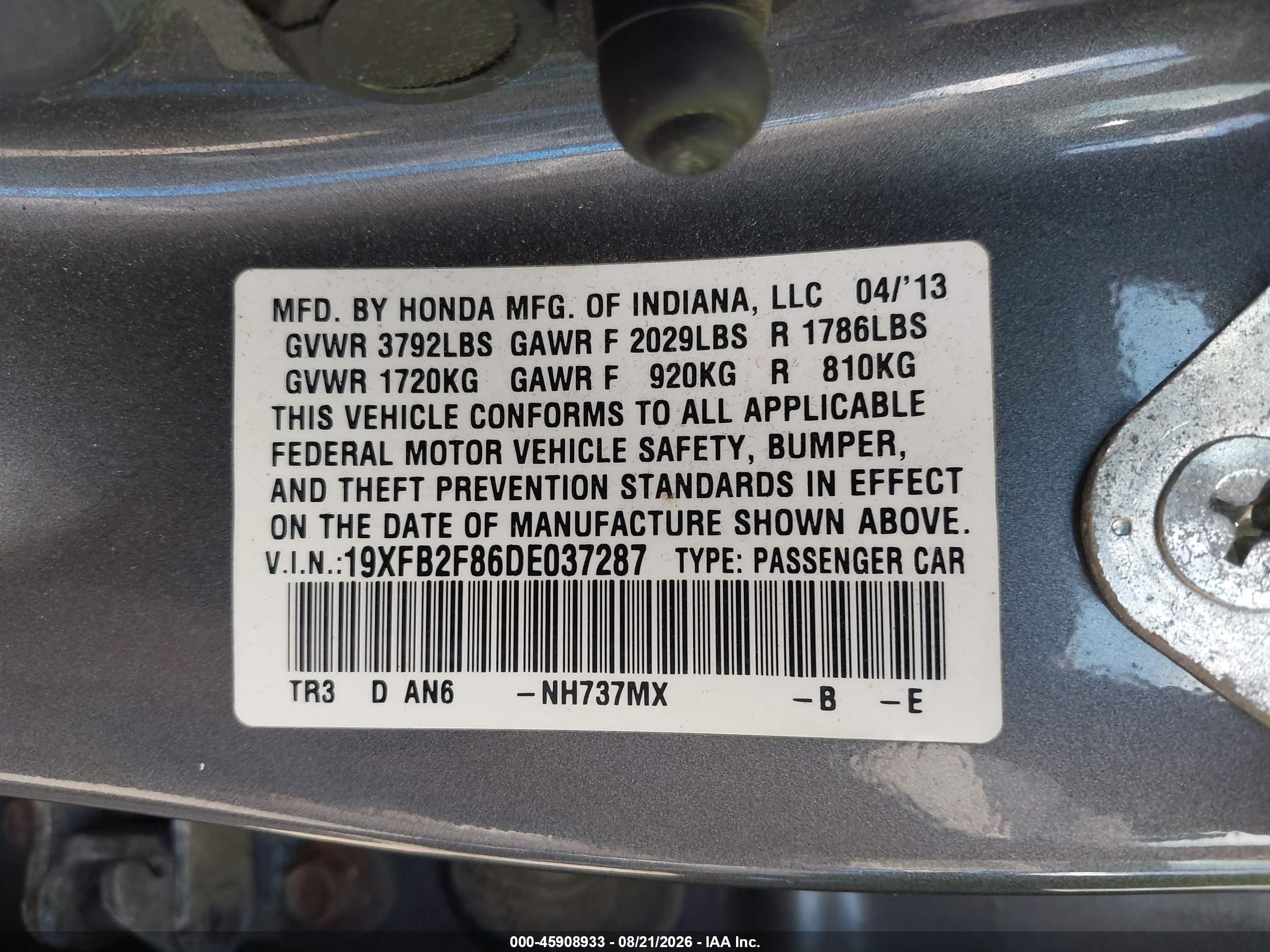 2013 Honda Civic Ex Gray vin: 19XFB2F86DE037287