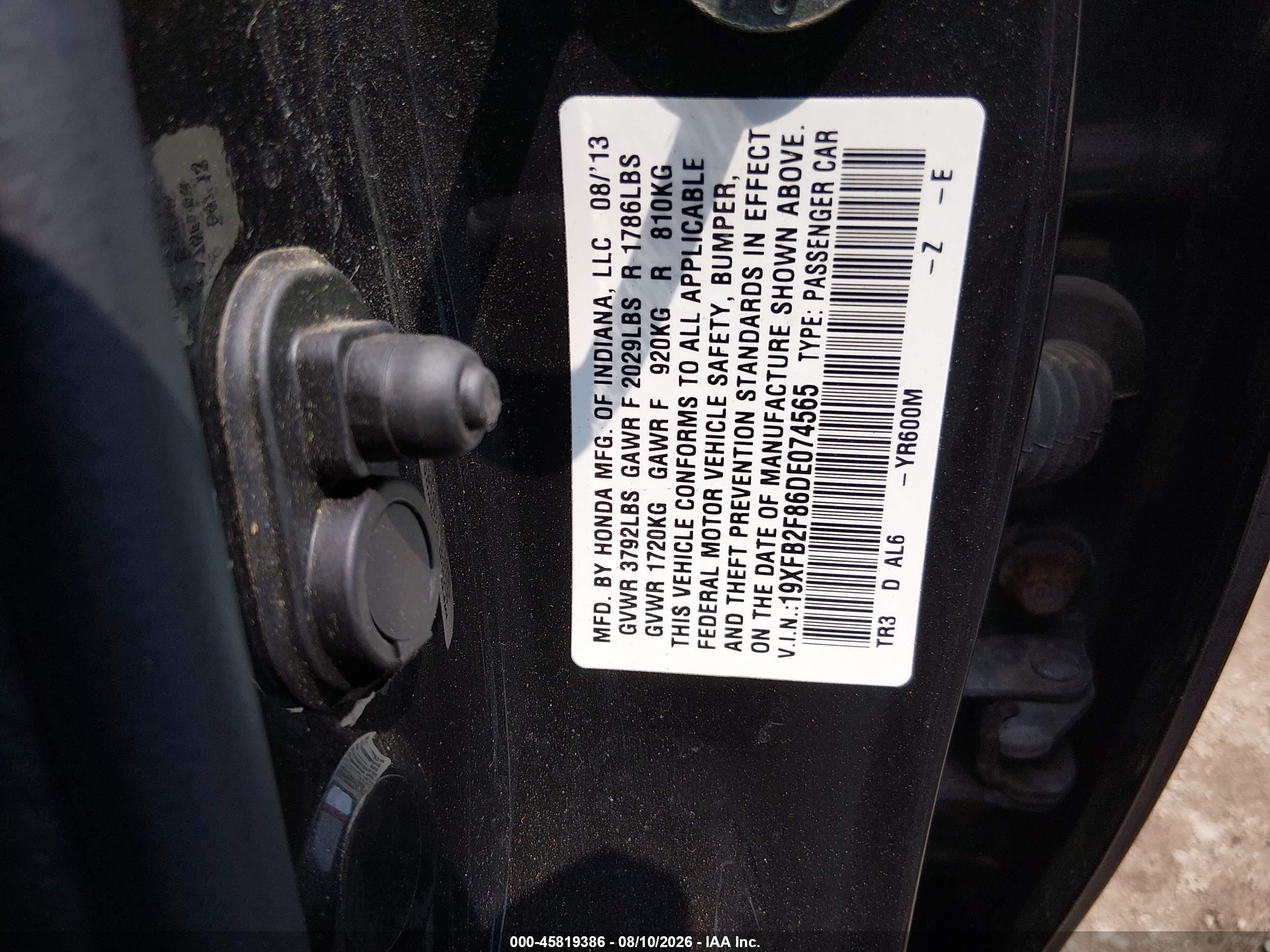 2013 Honda Civic Ex Черный vin: 19XFB2F86DE074565