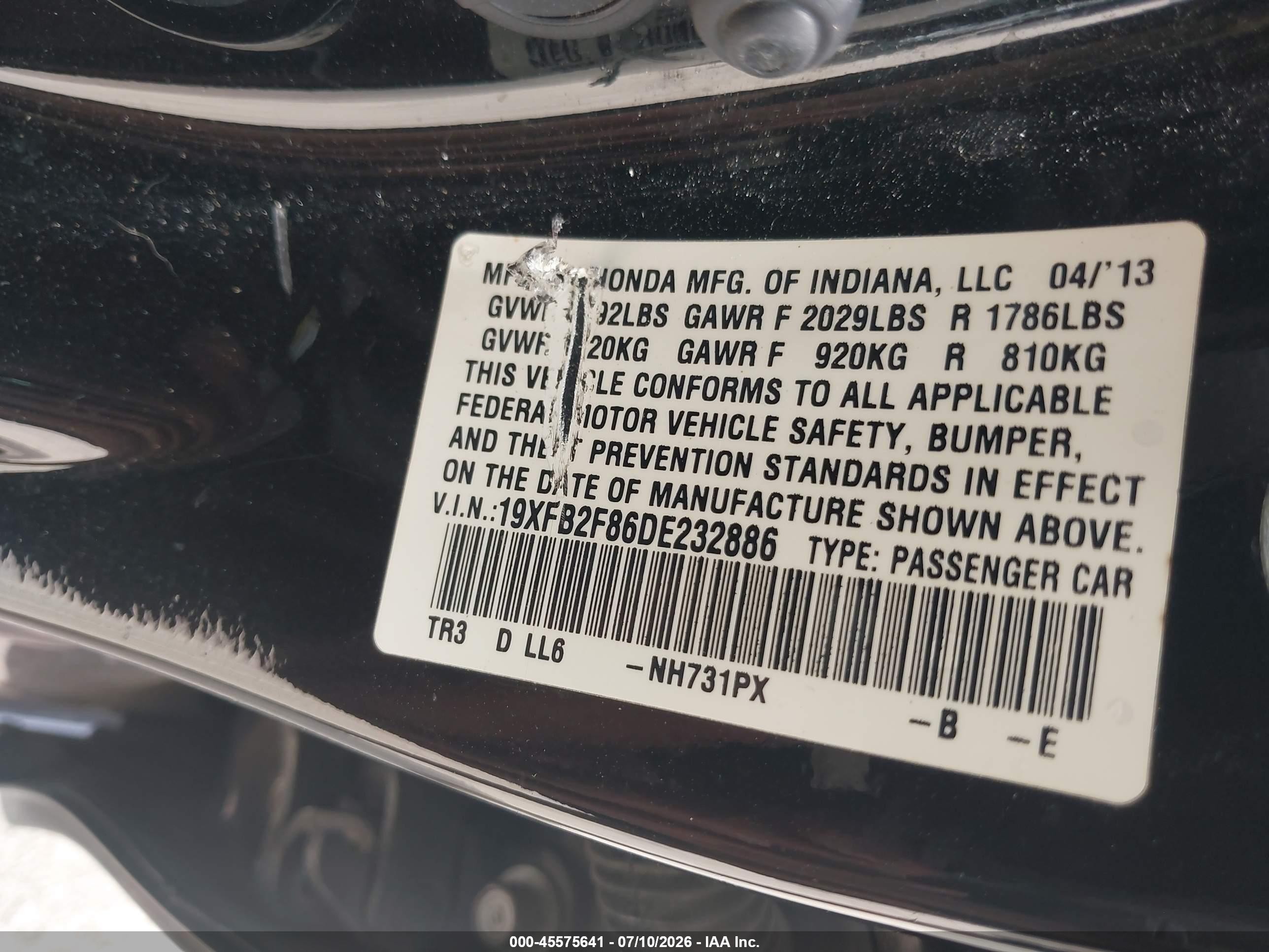 2013 Honda Civic Ex Черный vin: 19XFB2F86DE232886