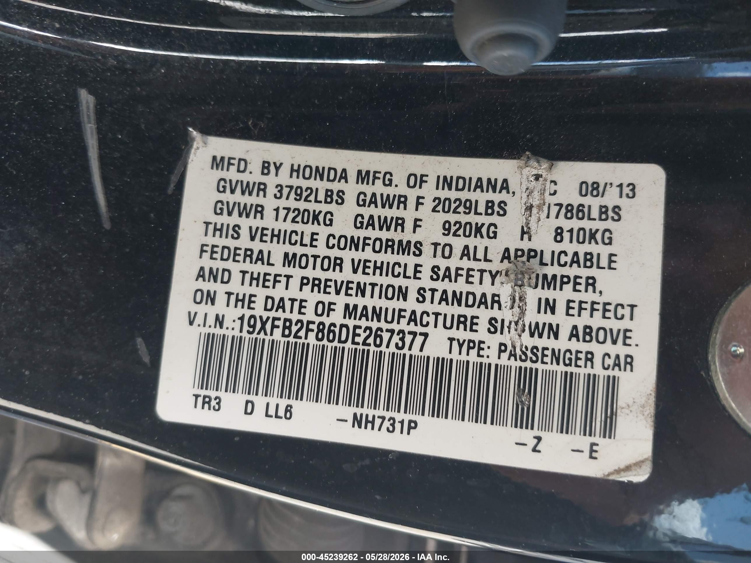 2013 Honda Civic Ex Black vin: 19XFB2F86DE267377