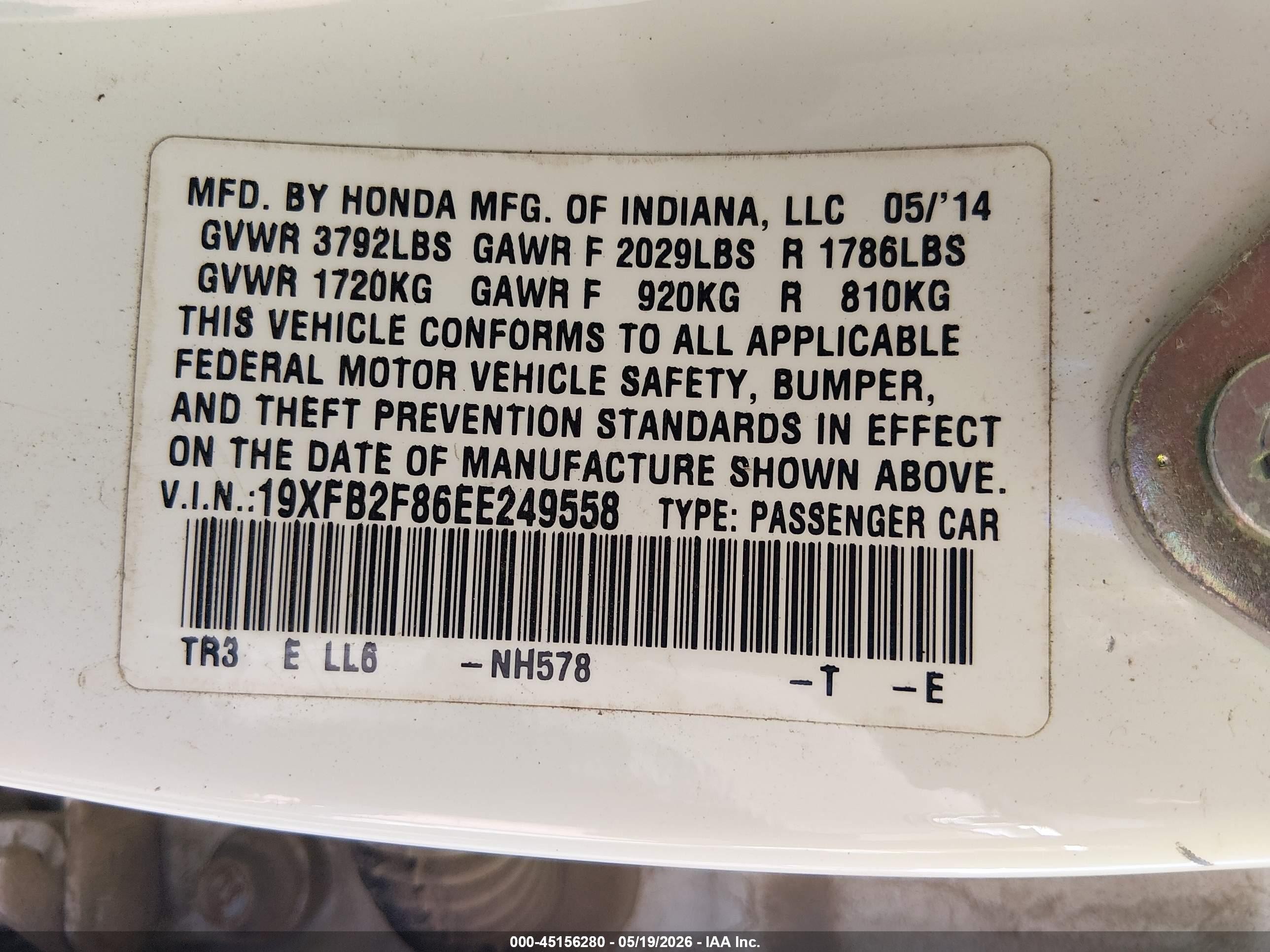 2014 Honda Civic Ex White vin: 19XFB2F86EE249558
