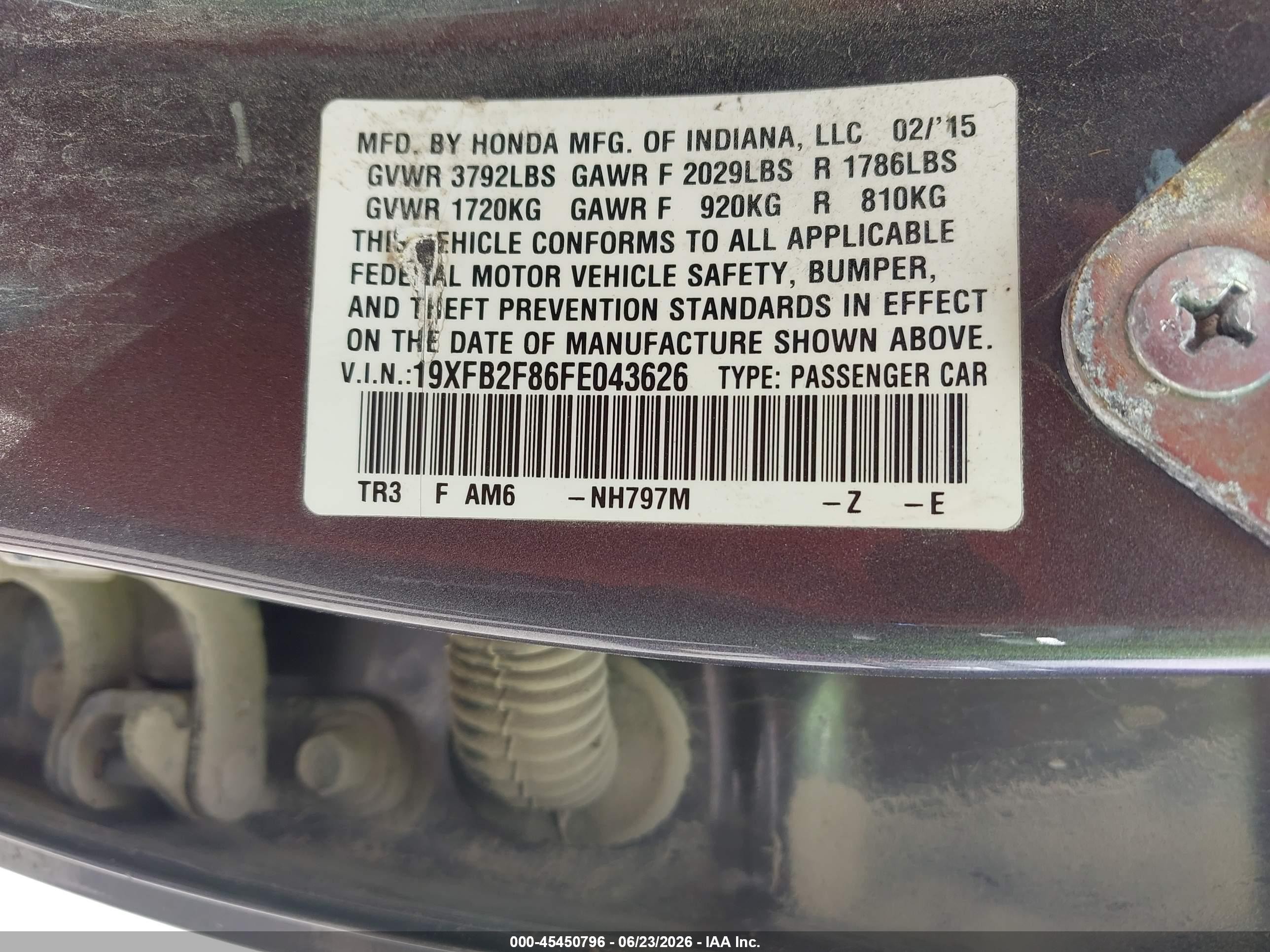 2015 Honda Civic Ex Серый vin: 19XFB2F86FE043626