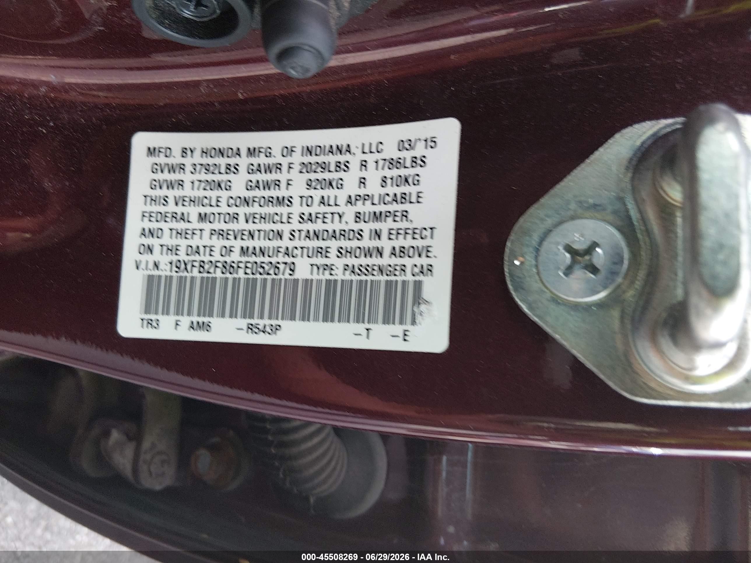 2015 Honda Civic Ex Burgundy vin: 19XFB2F86FE052679