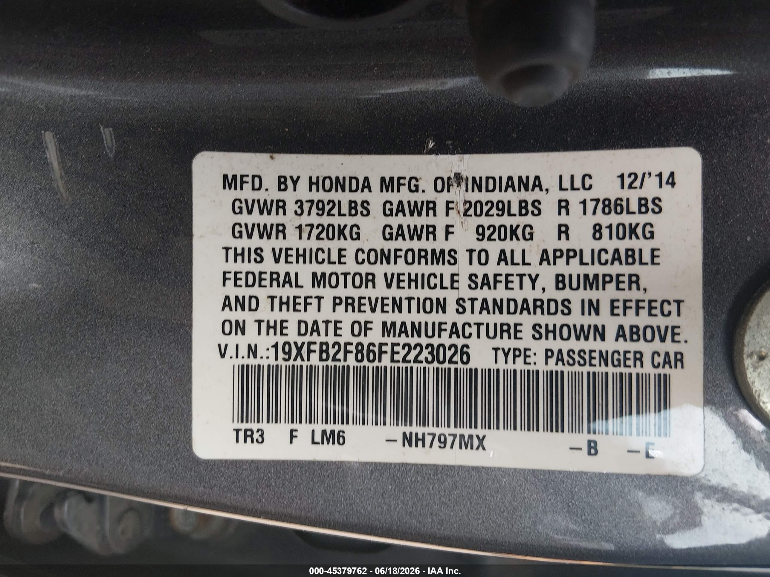 2015 Honda Civic Ex Gray vin: 19XFB2F86FE223026