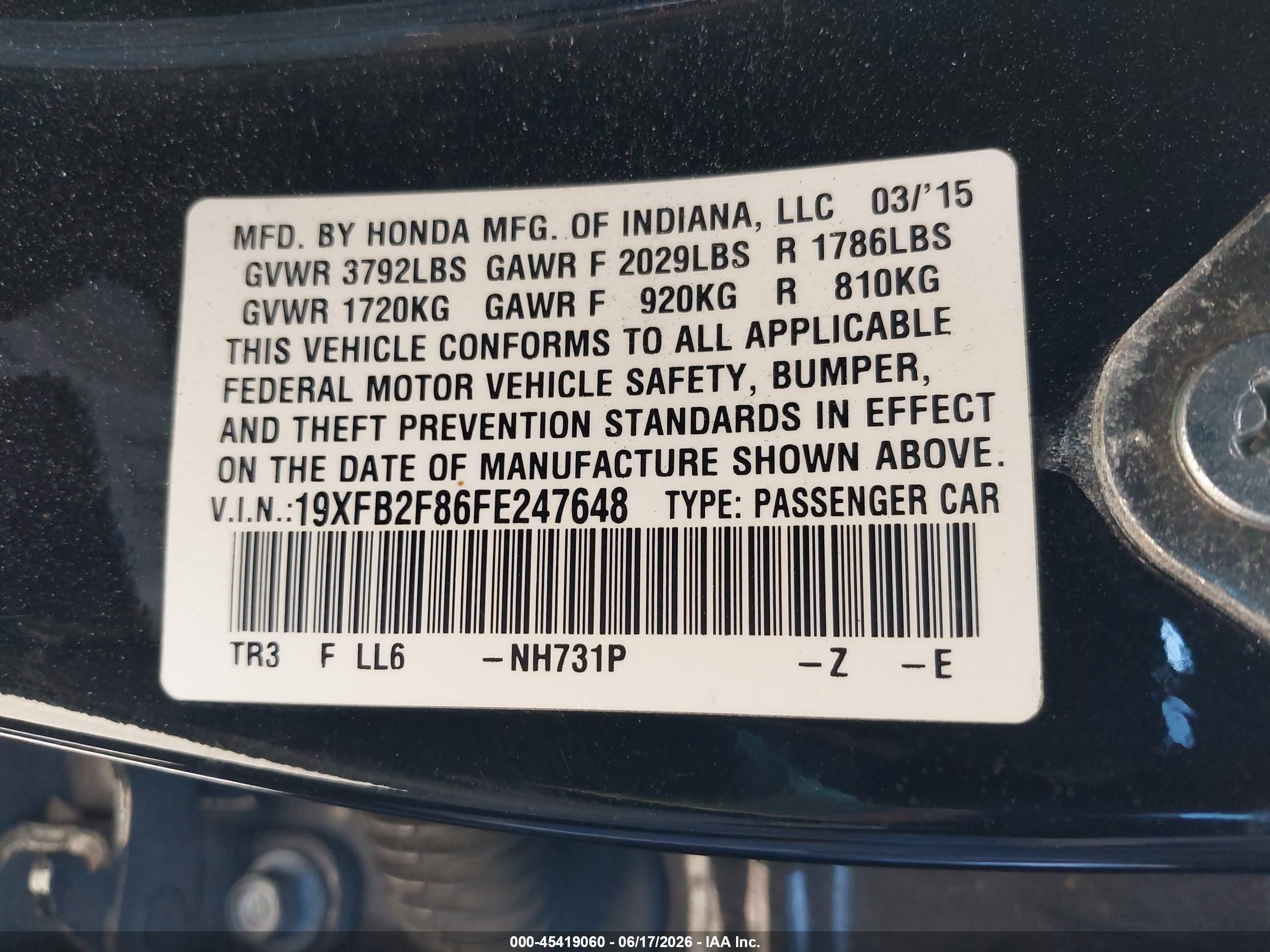 2015 Honda Civic Ex Black vin: 19XFB2F86FE247648