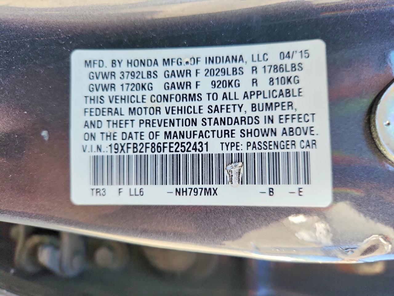 2015 Honda Civic Ex Charcoal vin: 19XFB2F86FE252431