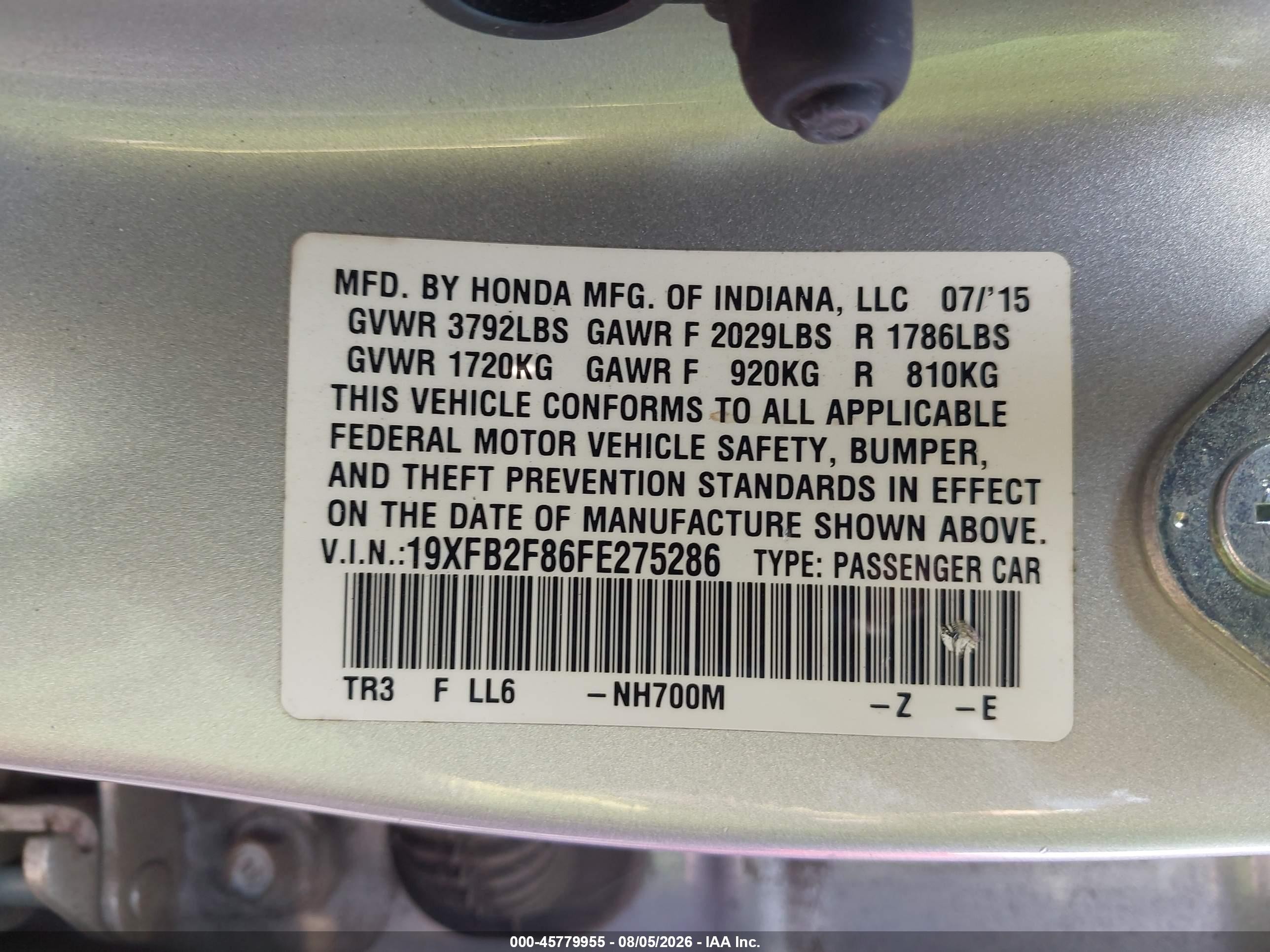 2015 Honda Civic Ex Silver vin: 19XFB2F86FE275286