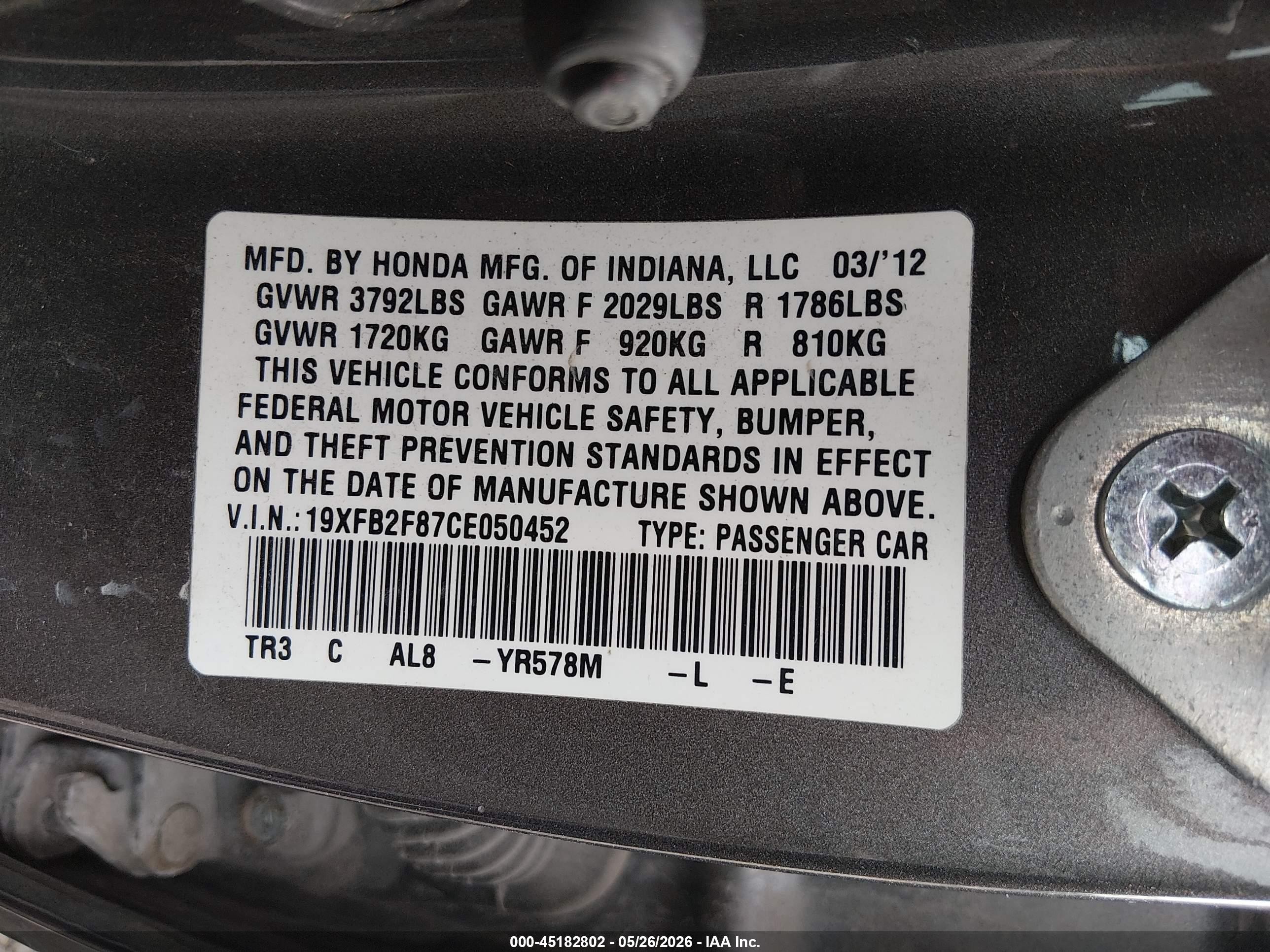 2012 Honda Civic Ex Gray vin: 19XFB2F87CE050452