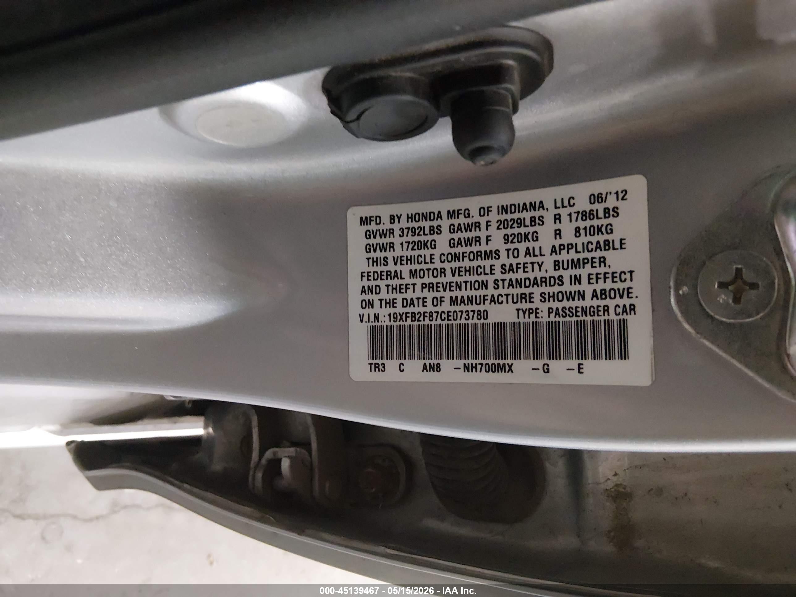 2012 Honda Civic Ex Gray vin: 19XFB2F87CE073780