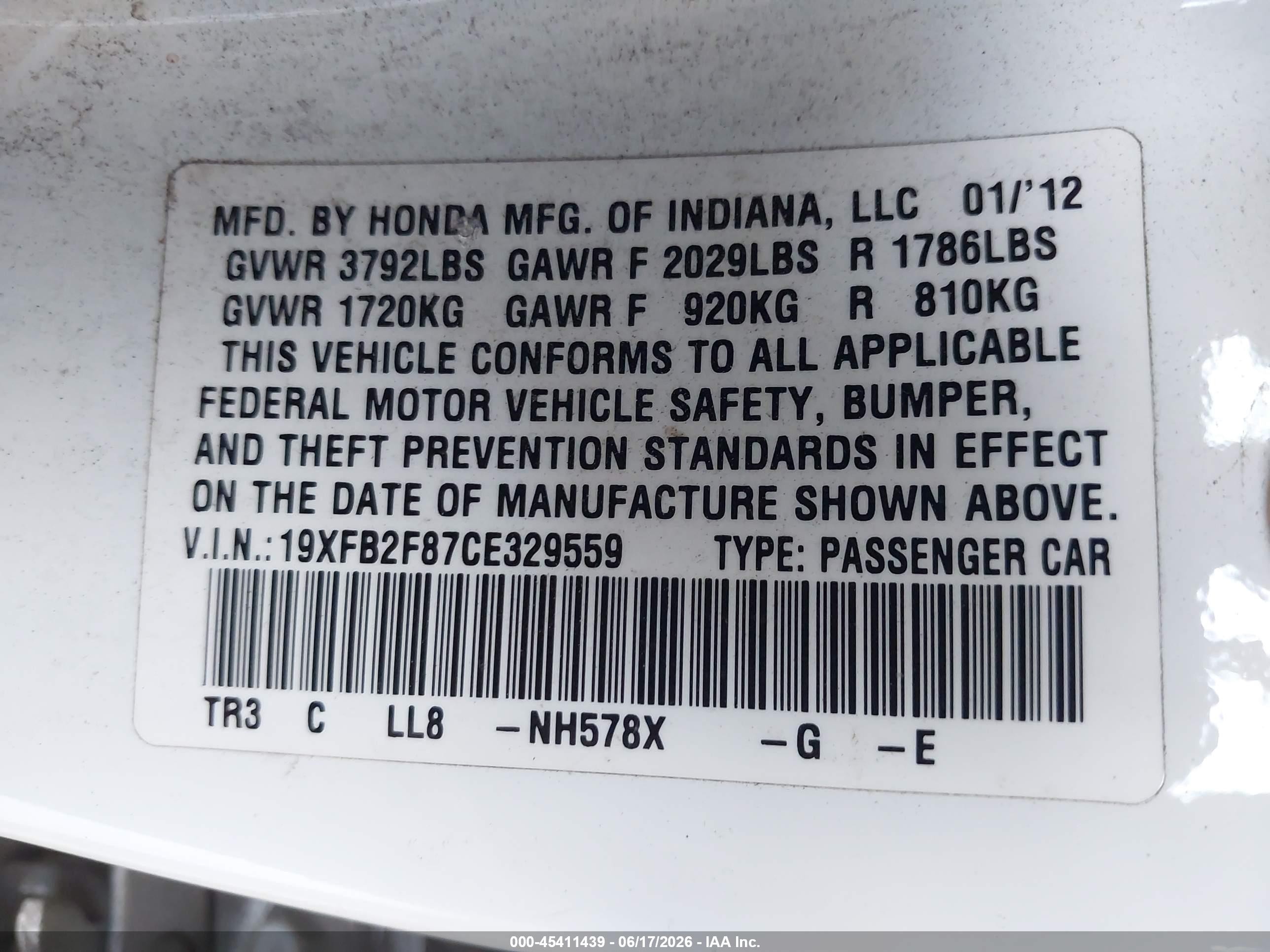 2012 Honda Civic Ex White vin: 19XFB2F87CE329559