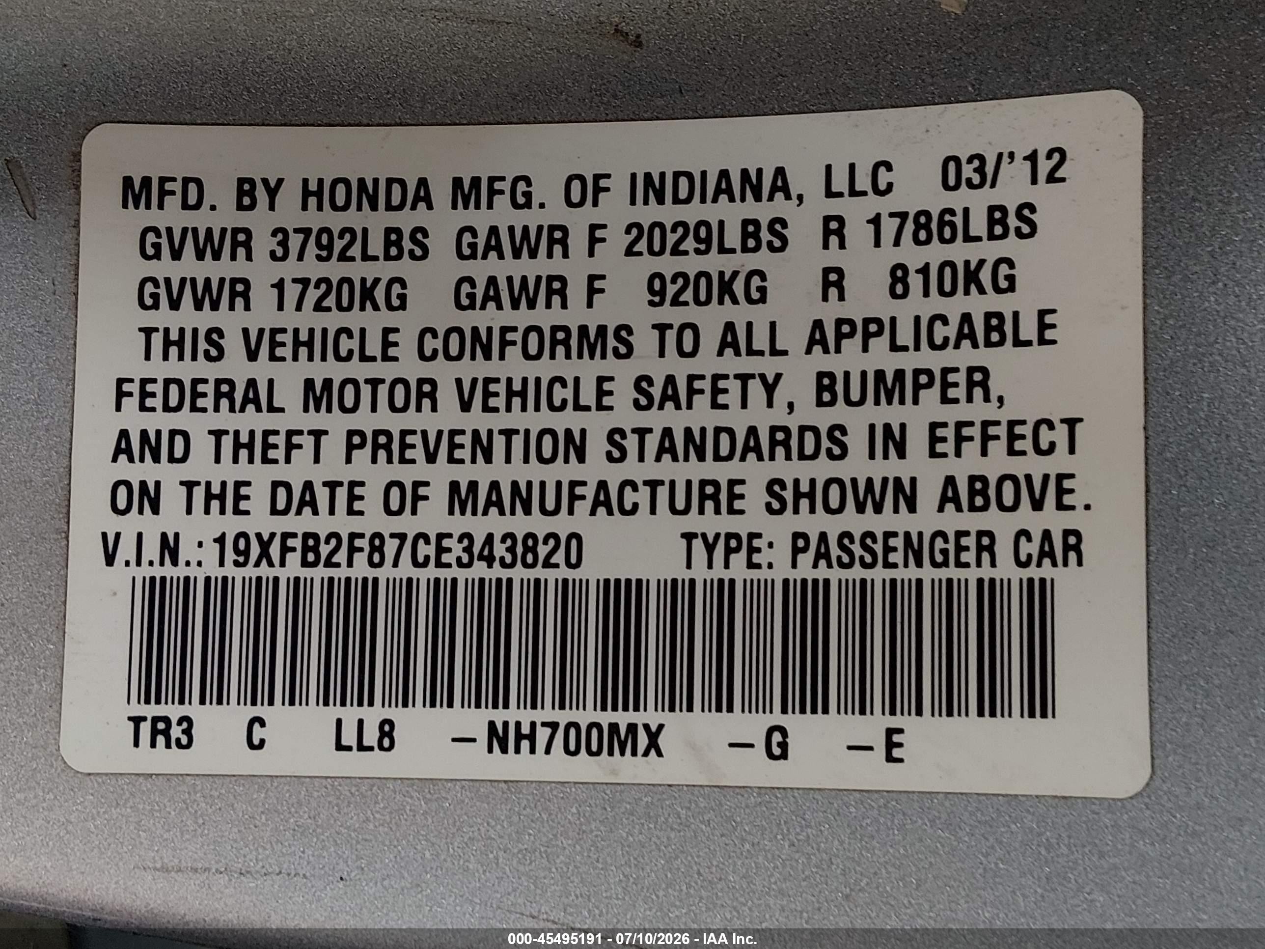 2012 Honda Civic Ex Silver vin: 19XFB2F87CE343820