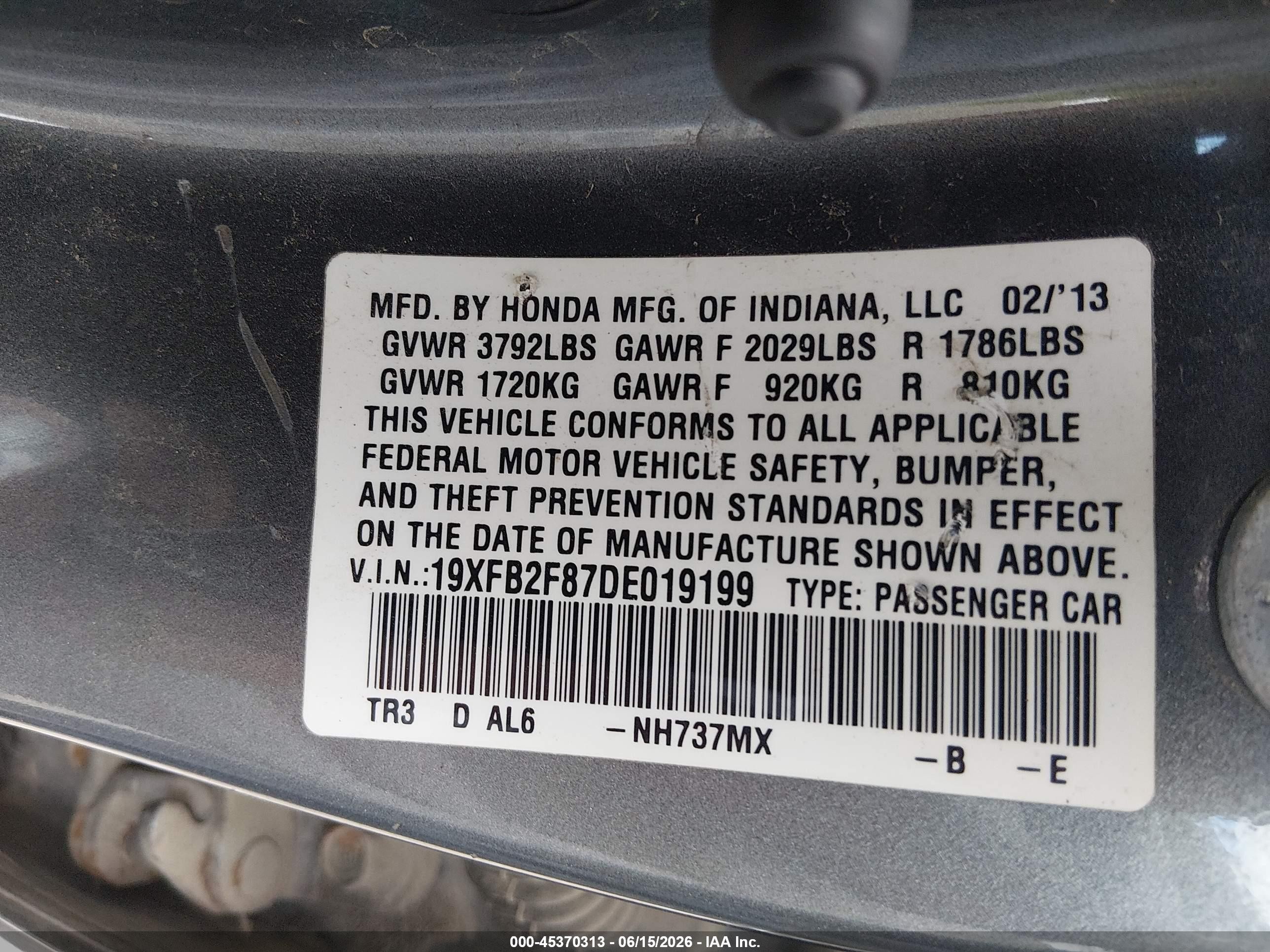 2013 Honda Civic Ex Gray vin: 19XFB2F87DE019199