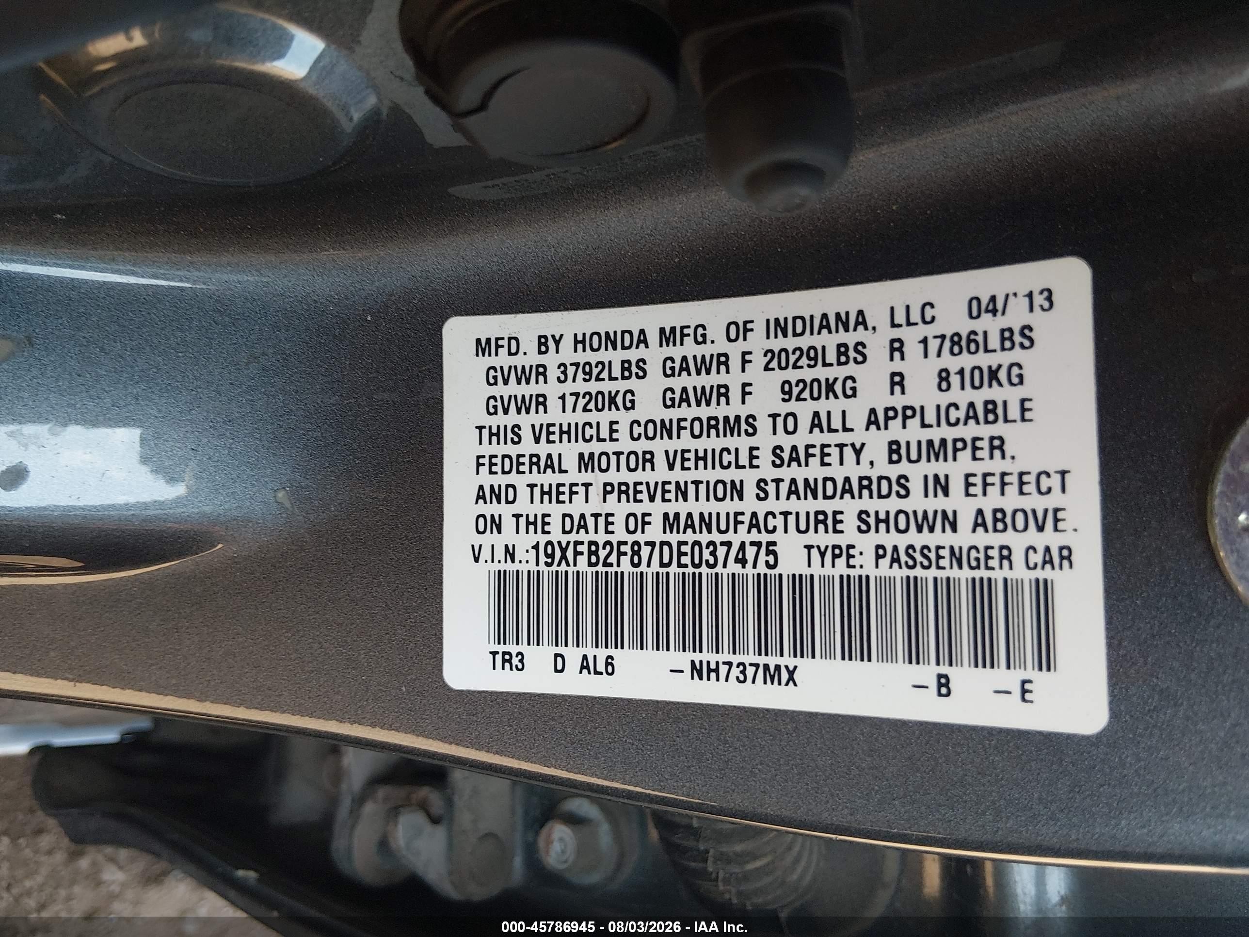 2013 Honda Civic Ex Gray vin: 19XFB2F87DE037475