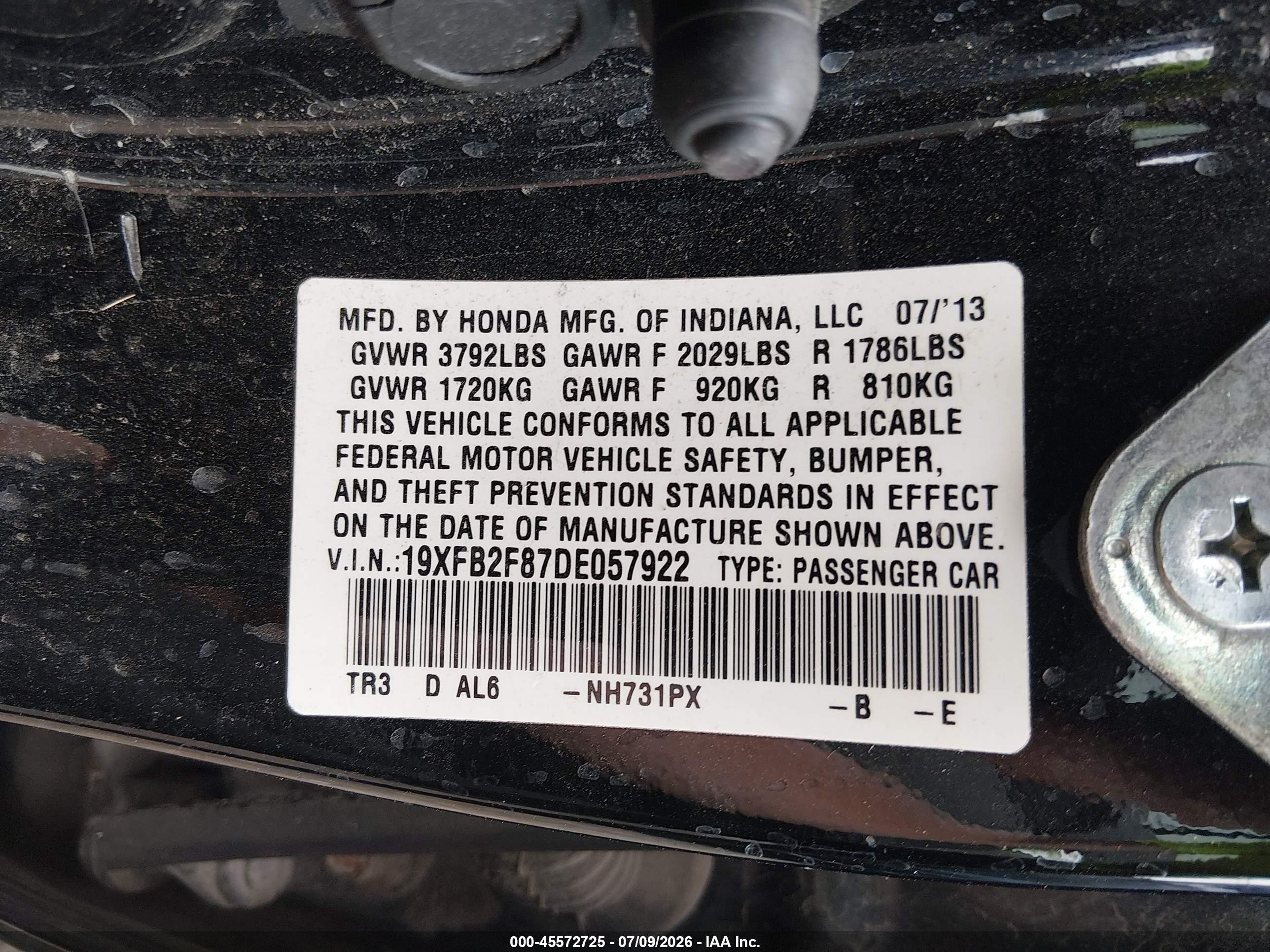 2013 Honda Civic Ex Black vin: 19XFB2F87DE057922