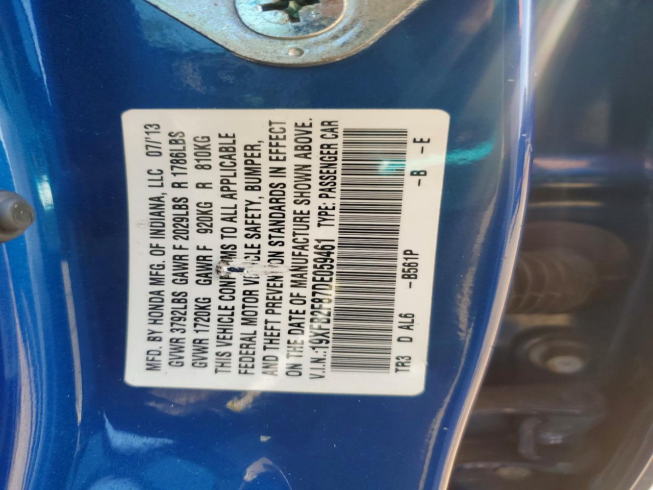 2013 Honda Civic Ex Blue vin: 19XFB2F87DE059461