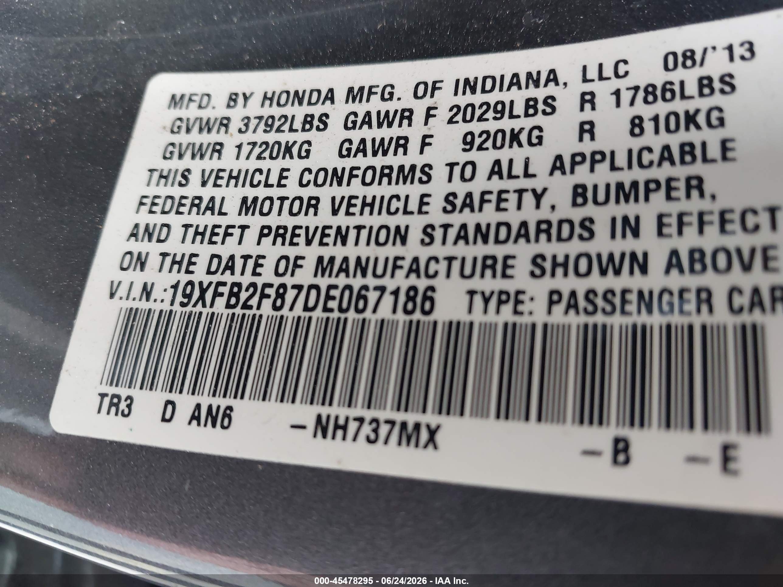 2013 Honda Civic Ex Gray vin: 19XFB2F87DE067186